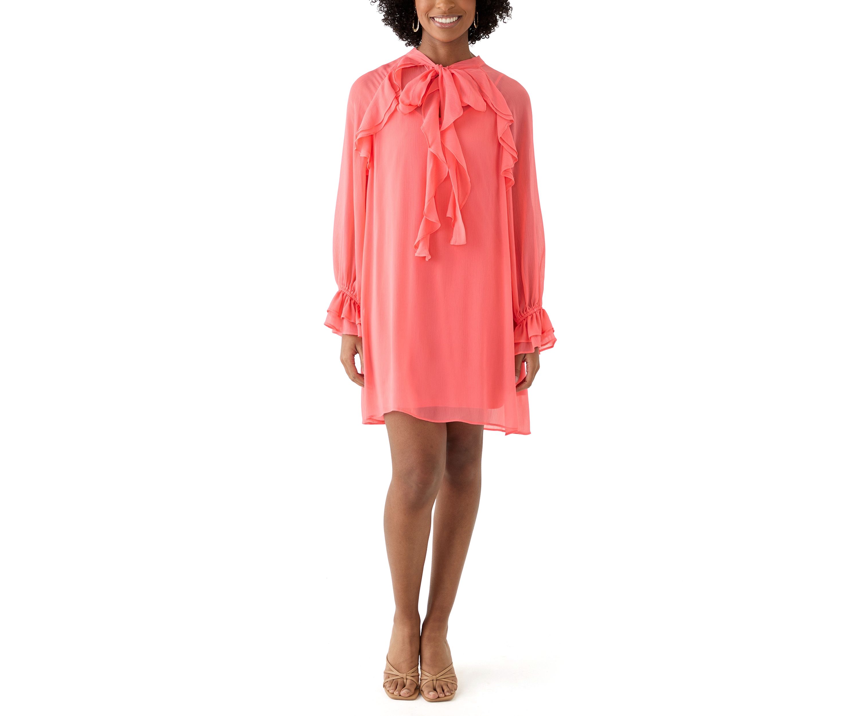 Womens Long Sleeve Tie Neck Ruffle A-Line Dress