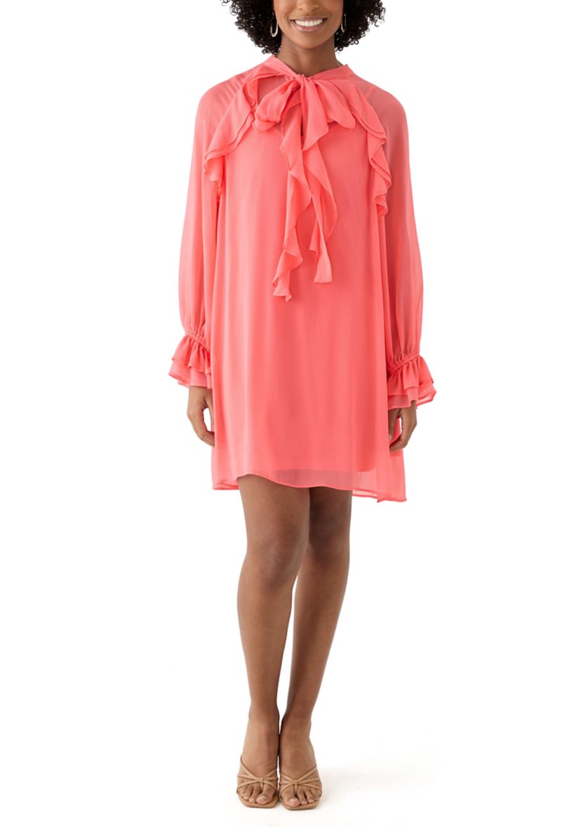 Womens Long Sleeve Tie Neck Ruffle A-Line Dress