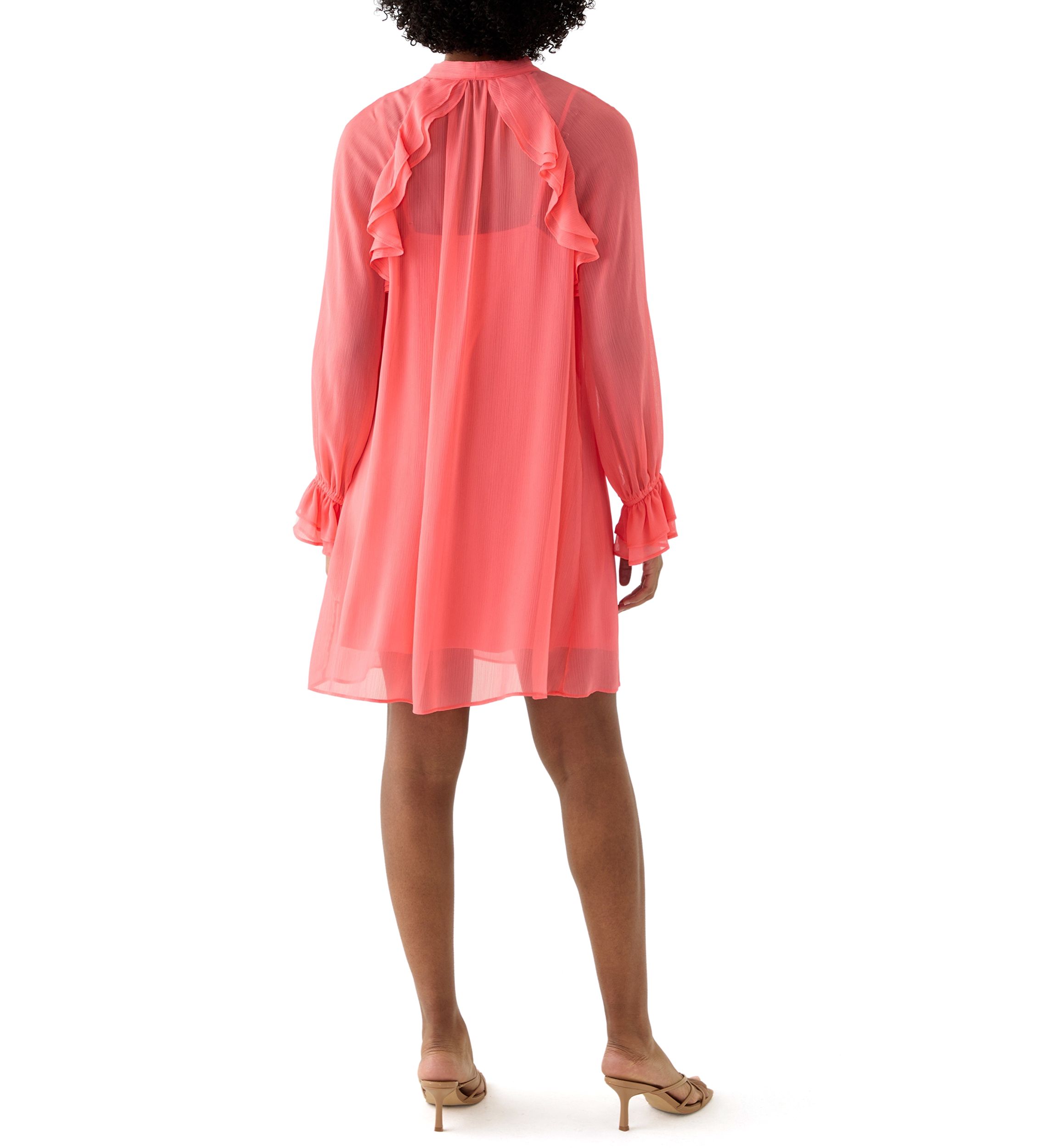 Womens Long Sleeve Tie Neck Ruffle A-Line Dress