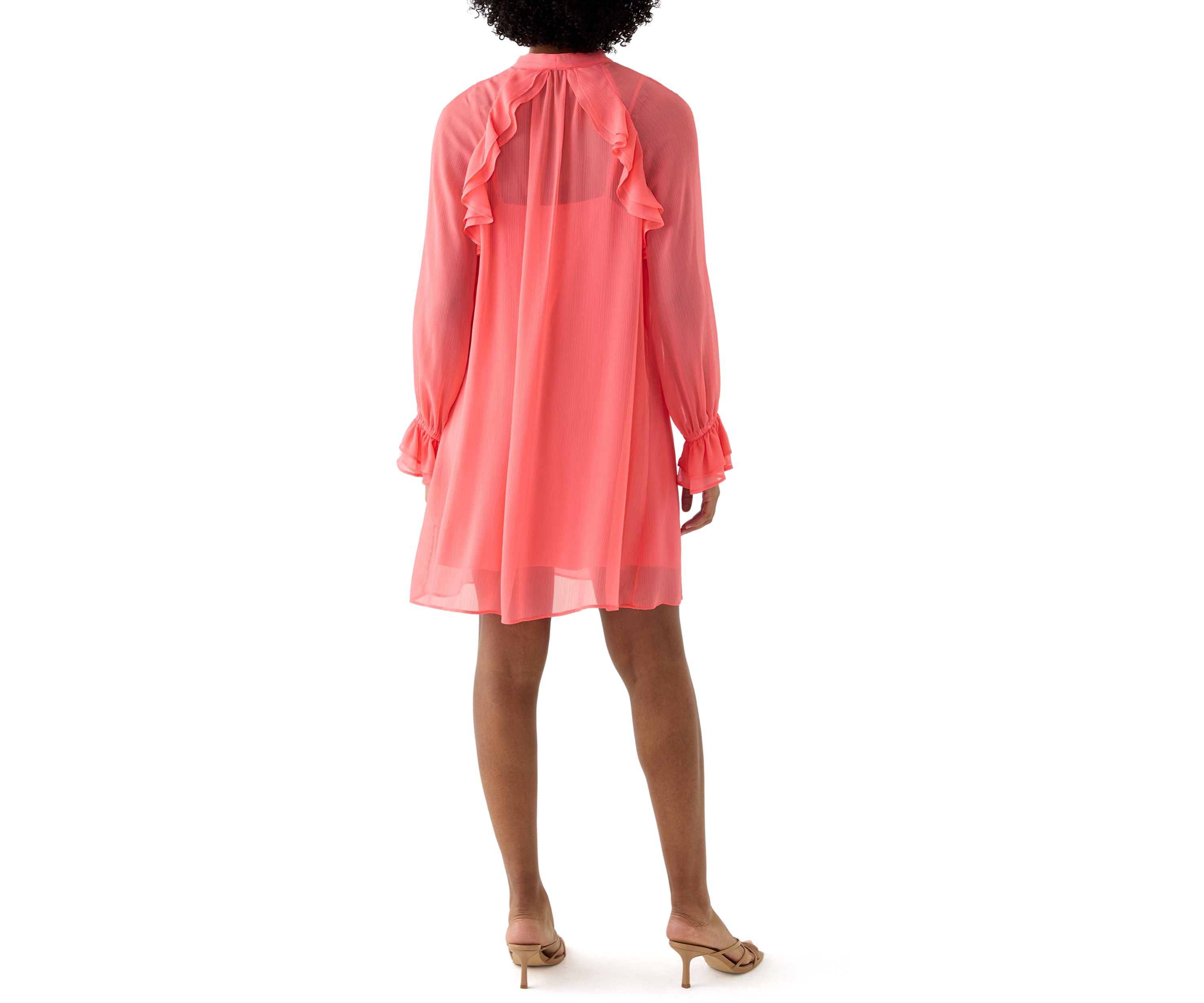 Womens Long Sleeve Tie Neck Ruffle A-Line Dress