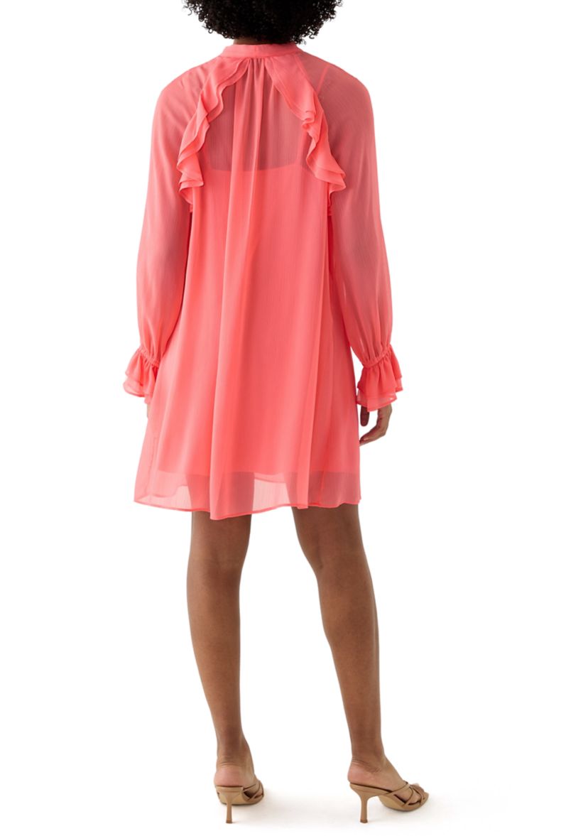 Womens Long Sleeve Tie Neck Ruffle A-Line Dress