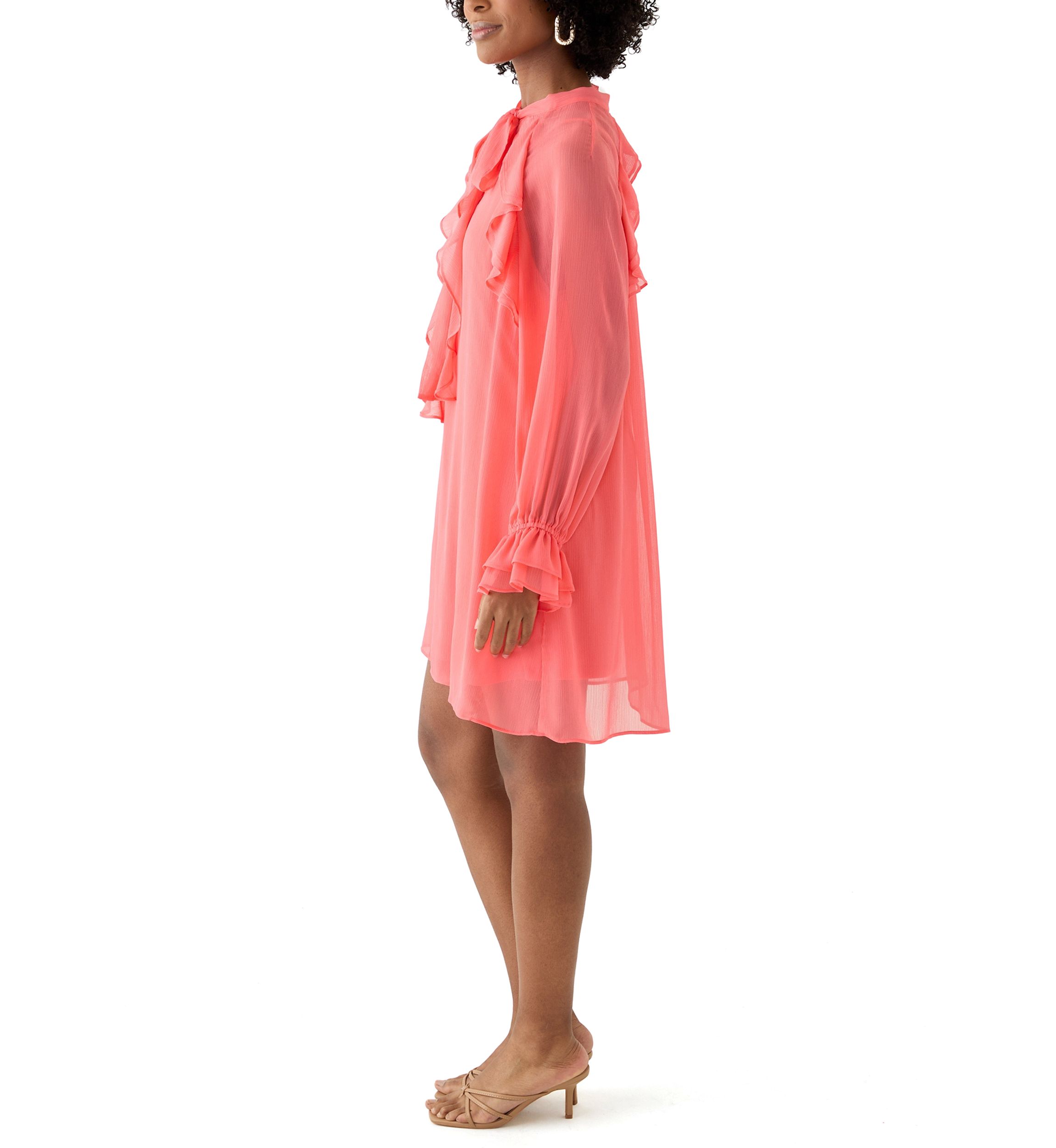 Womens Long Sleeve Tie Neck Ruffle A-Line Dress