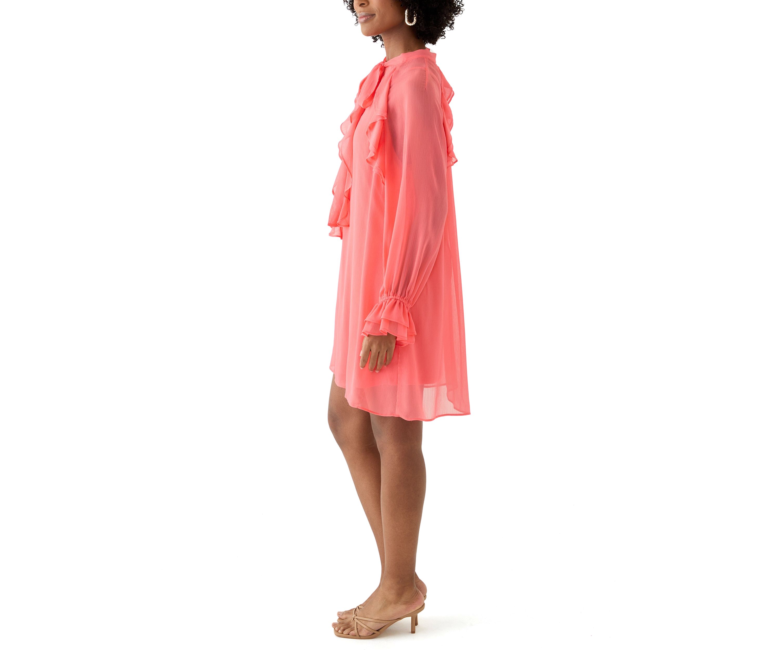 Womens Long Sleeve Tie Neck Ruffle A-Line Dress