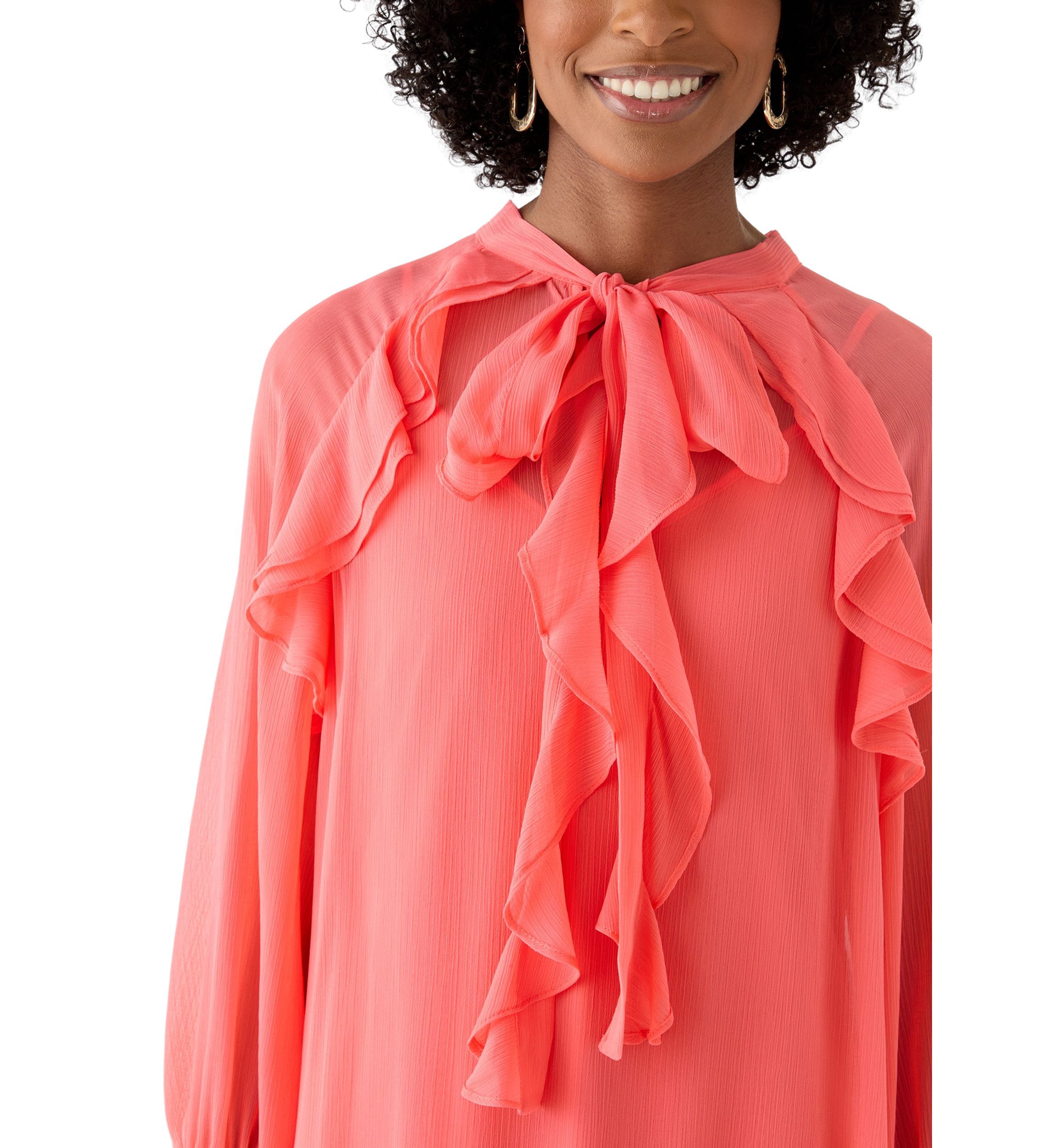Womens Long Sleeve Tie Neck Ruffle A-Line Dress