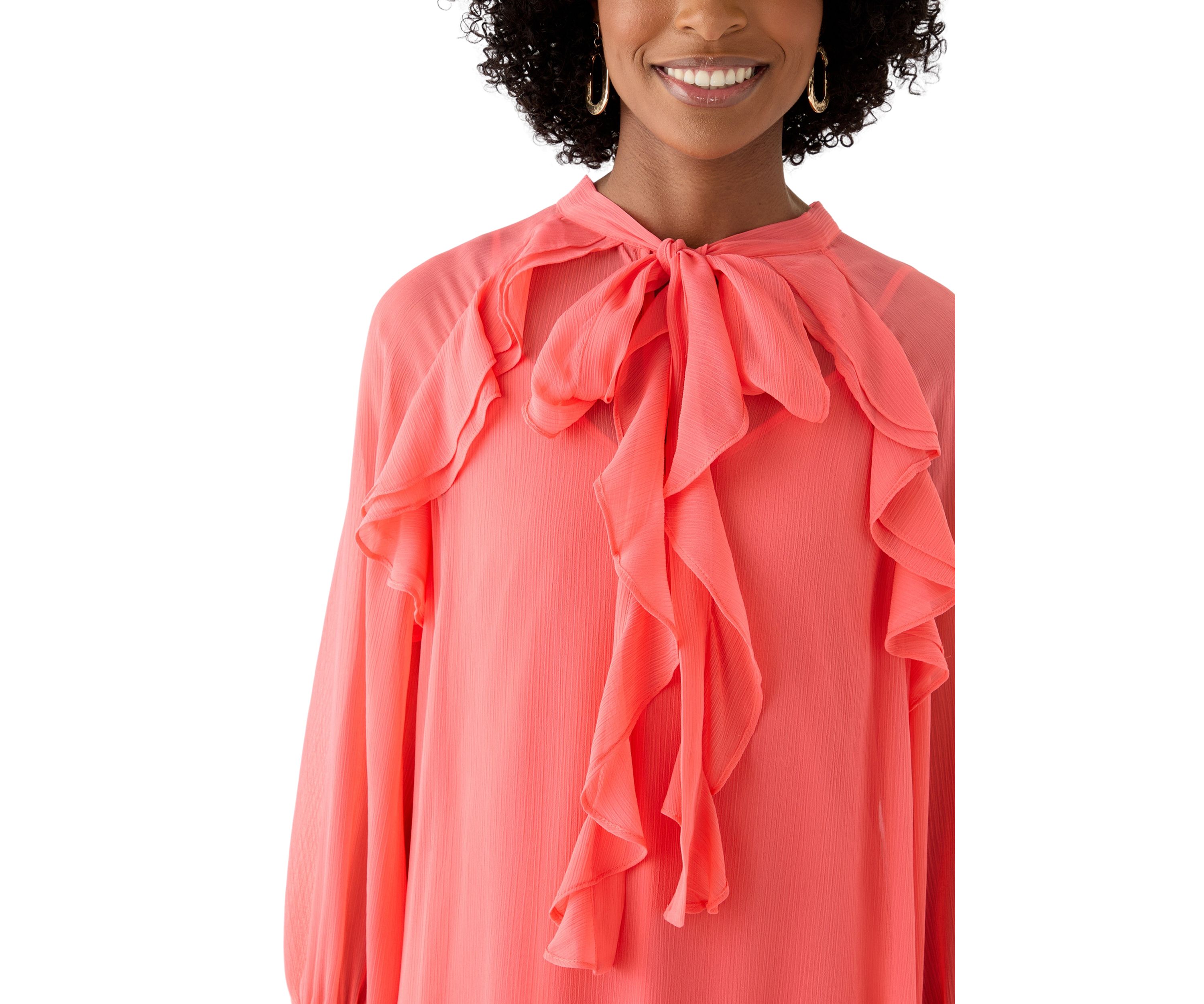 Womens Long Sleeve Tie Neck Ruffle A-Line Dress