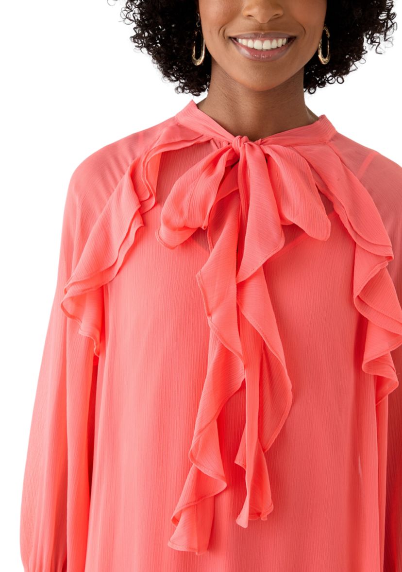 Womens Long Sleeve Tie Neck Ruffle A-Line Dress