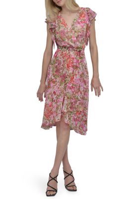 DKNY Women's Floral Printed V-Neck A-Line Dress, 6