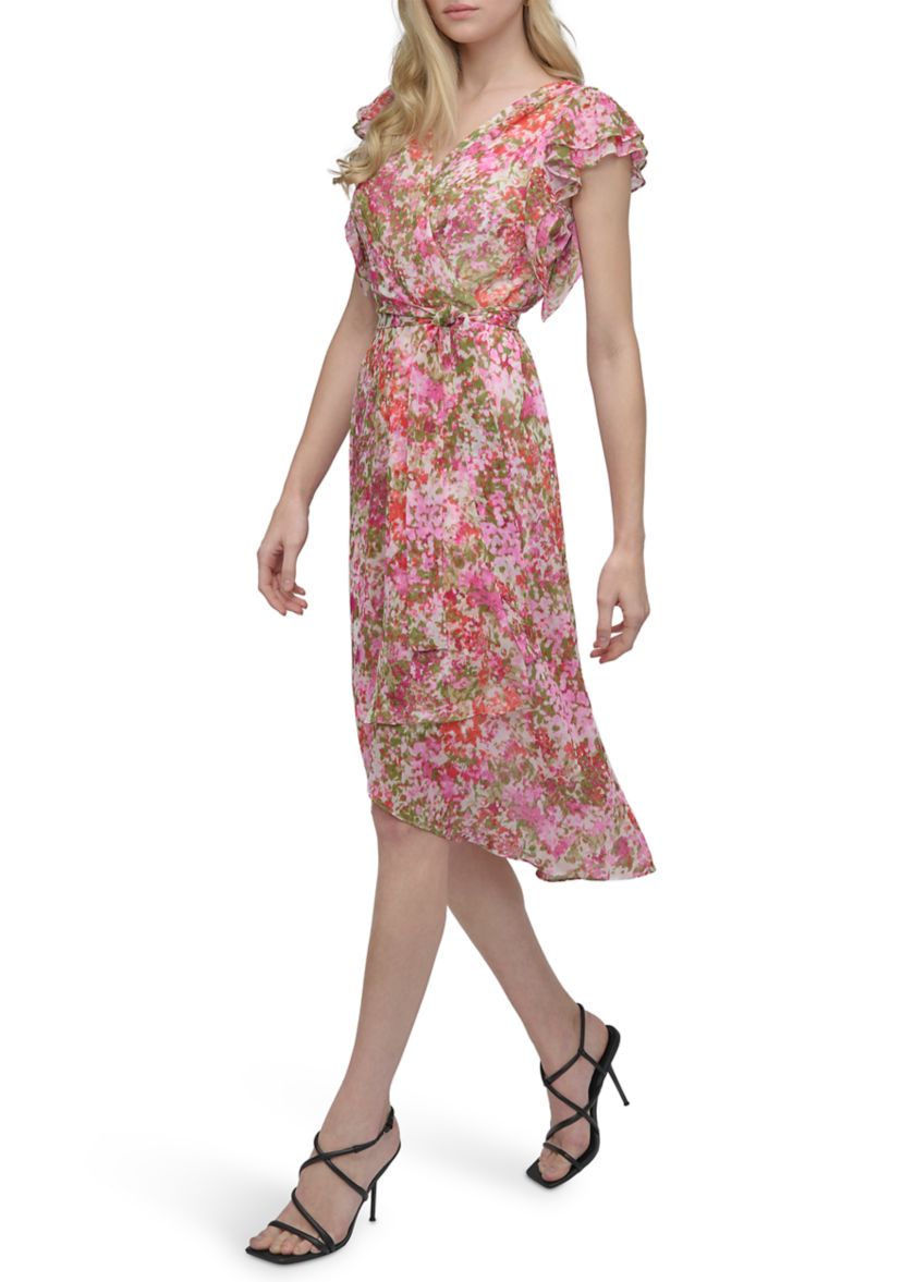 Womens Floral Printed V-Neck A-Line Dress
