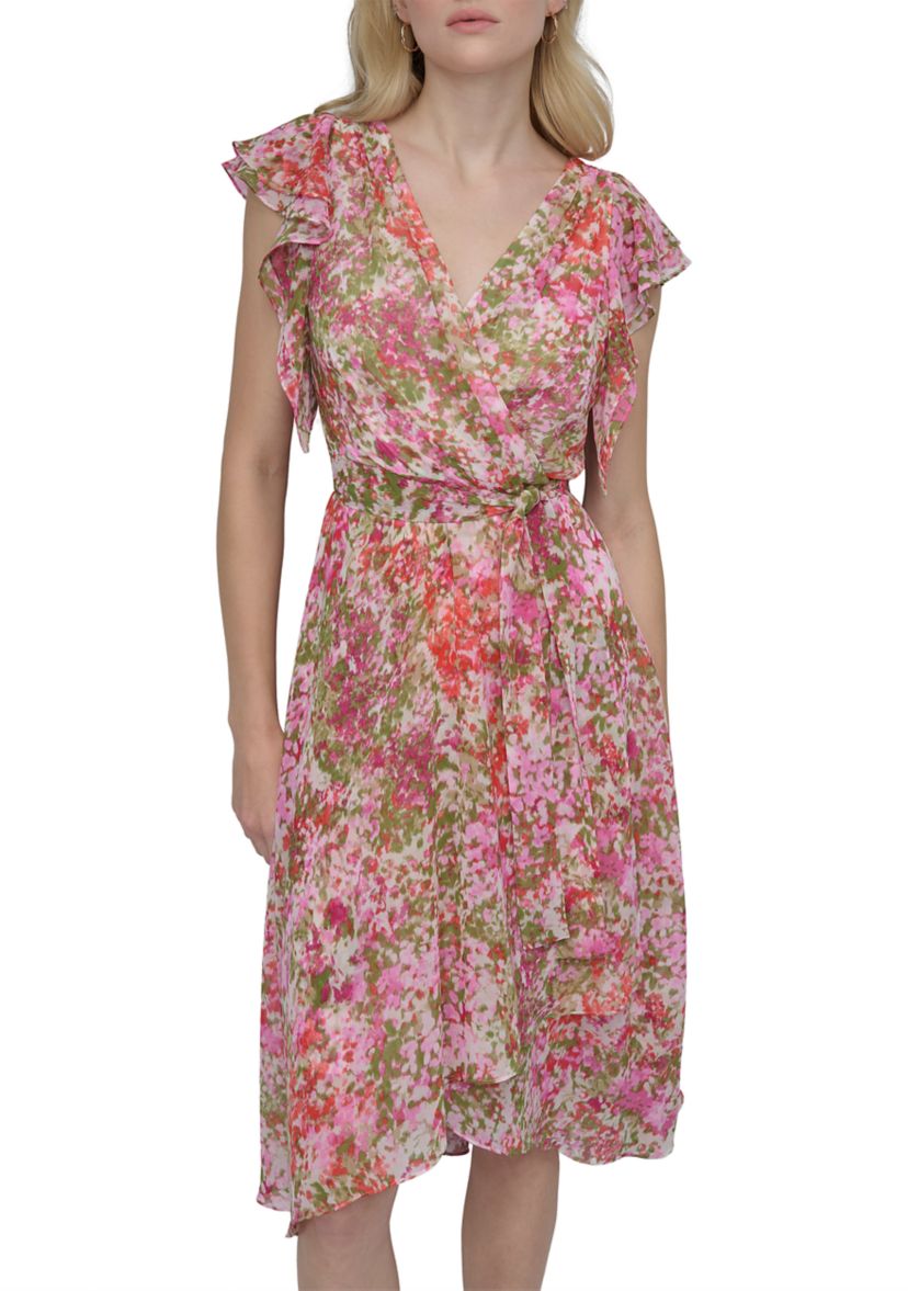 Womens Floral Printed V-Neck A-Line Dress