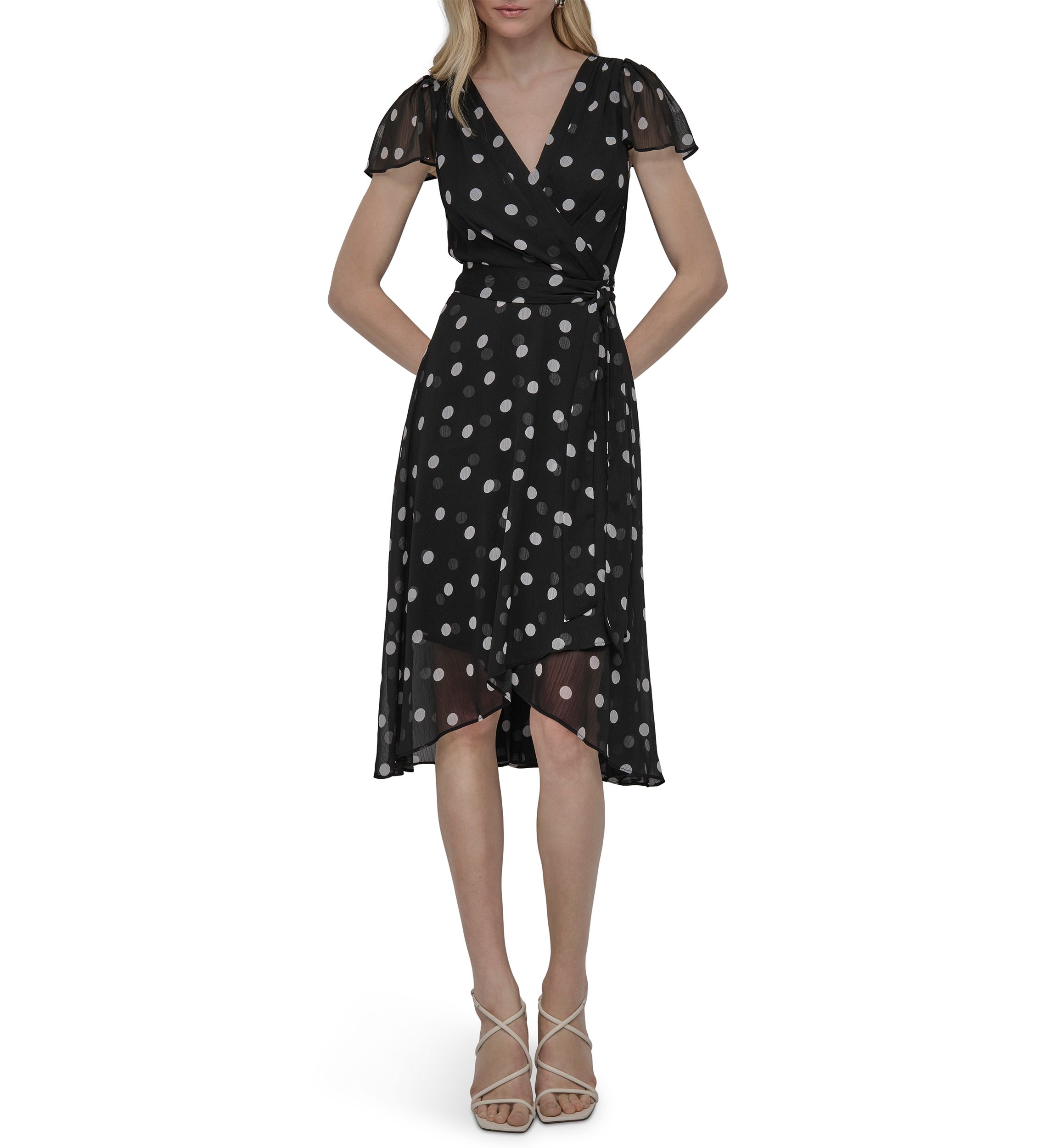 Womens Dot Printed V-Neck Fit and Flare Dress