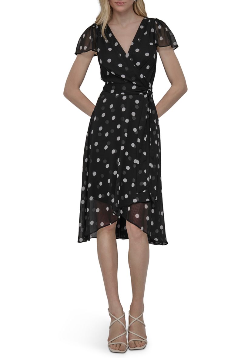 Womens Dot Printed V-Neck Fit and Flare Dress