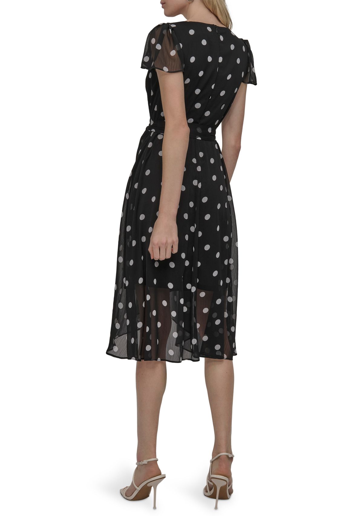 Womens Dot Printed V-Neck Fit and Flare Dress
