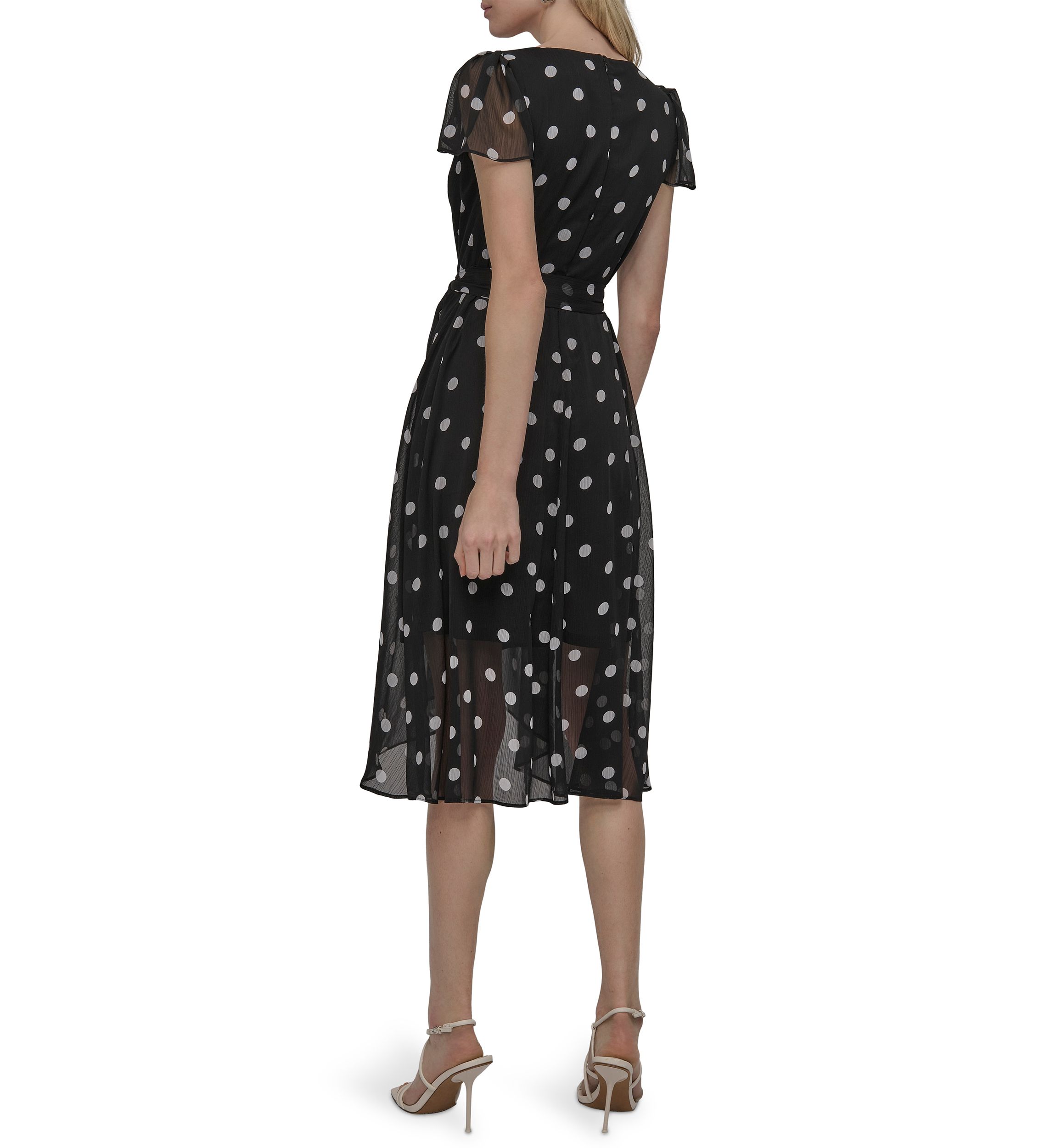 Womens Dot Printed V-Neck Fit and Flare Dress