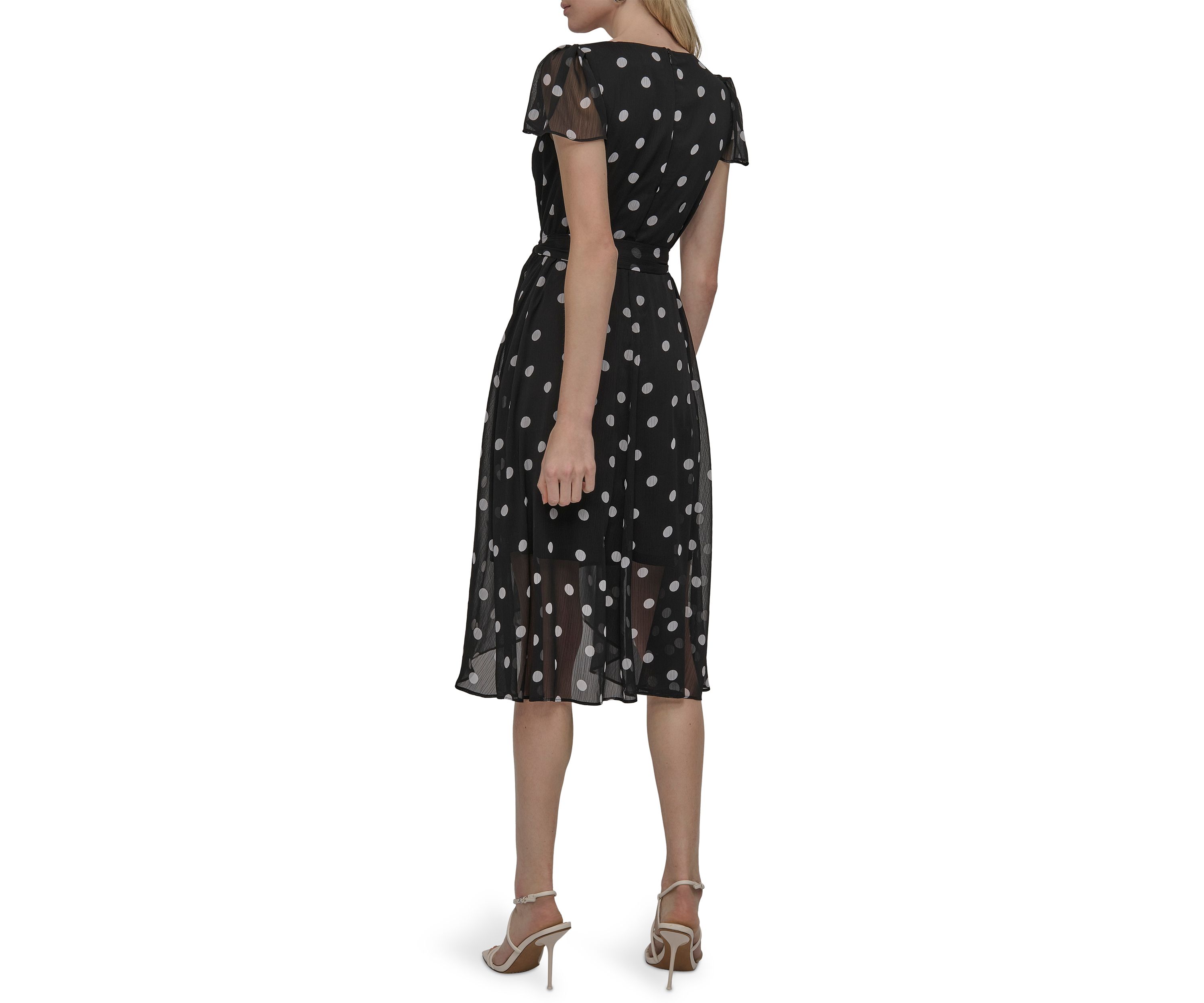 Womens Dot Printed V-Neck Fit and Flare Dress