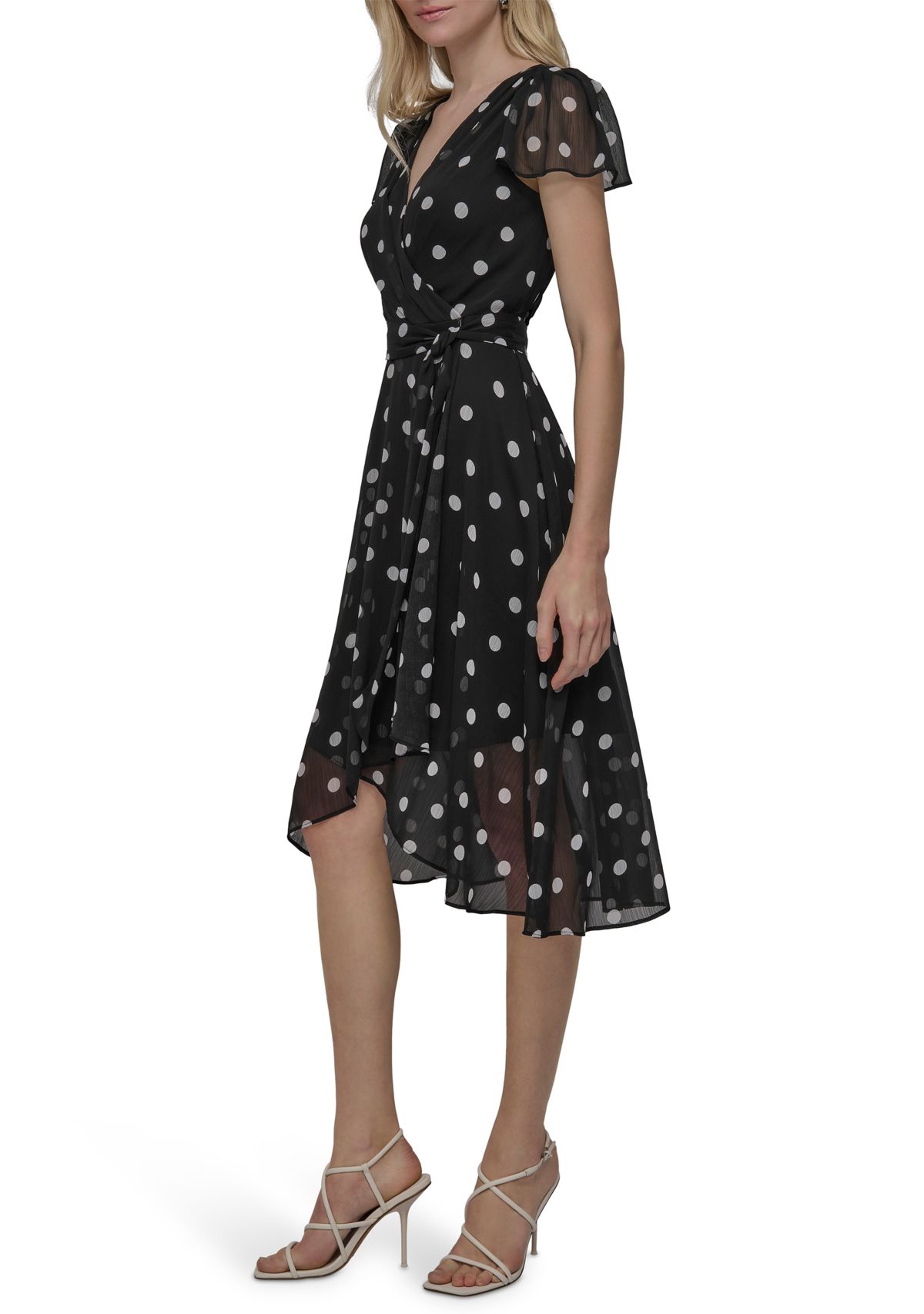Womens Dot Printed V-Neck Fit and Flare Dress