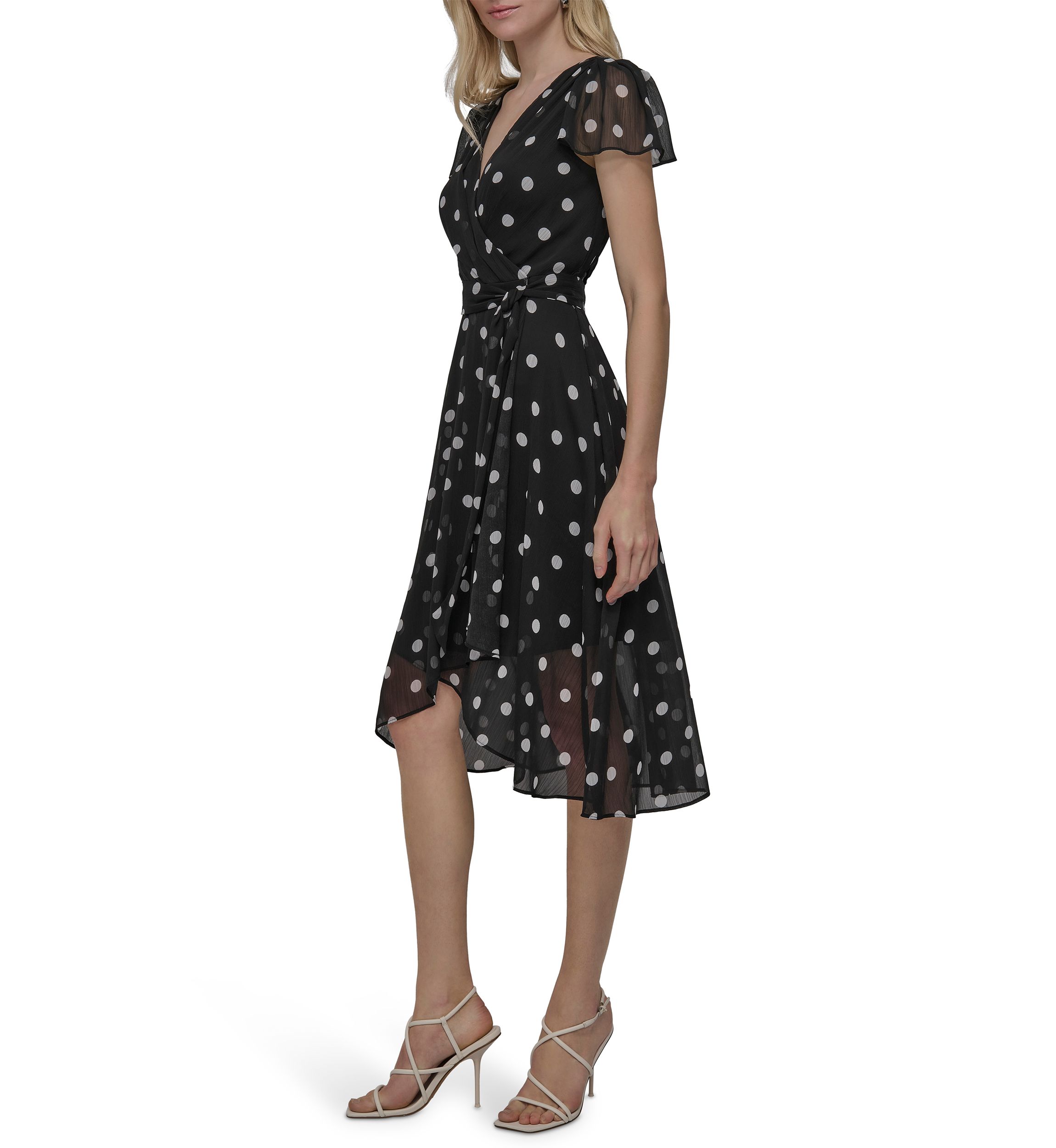 Womens Dot Printed V-Neck Fit and Flare Dress