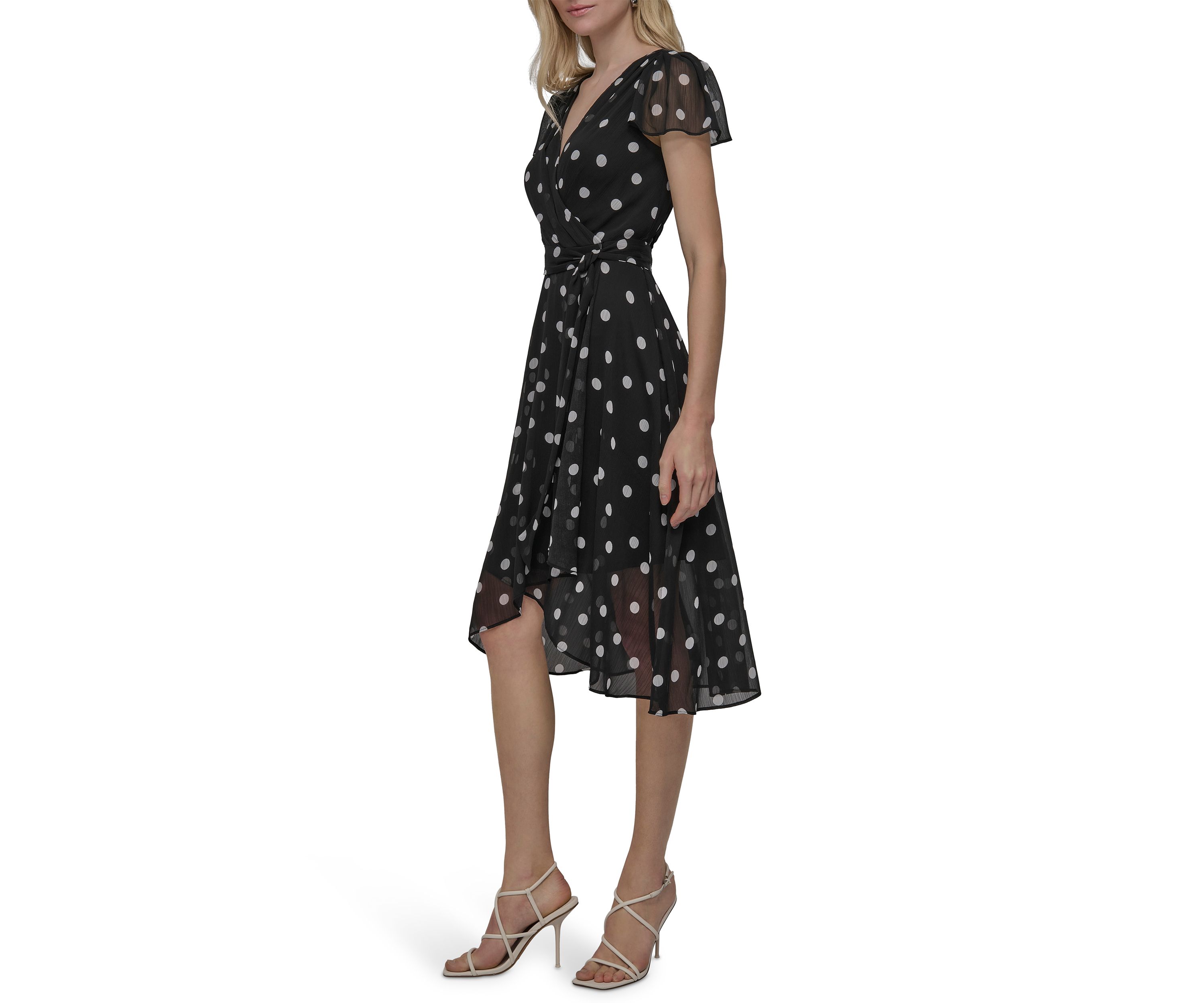 Womens Dot Printed V-Neck Fit and Flare Dress