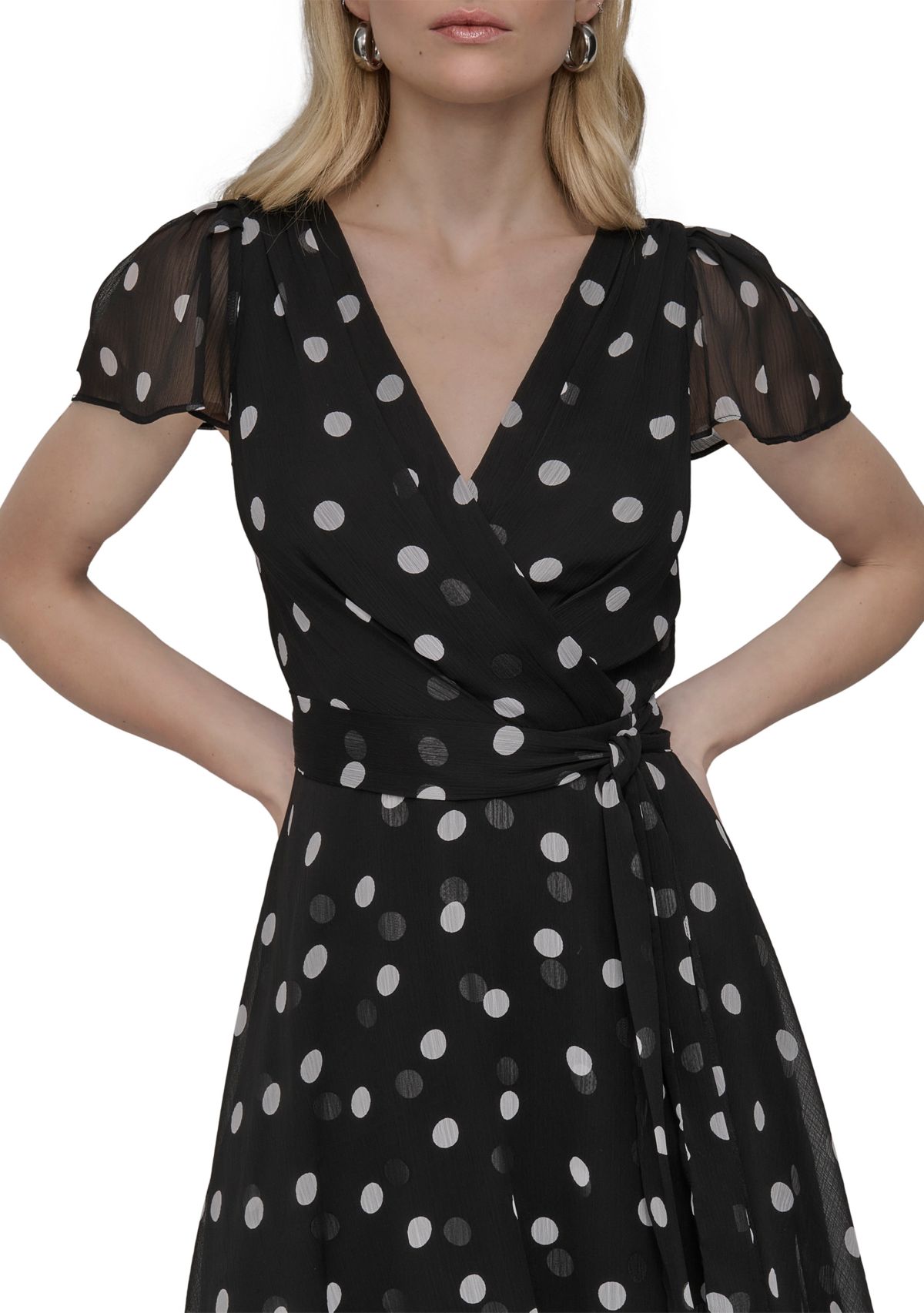 Womens Dot Printed V-Neck Fit and Flare Dress