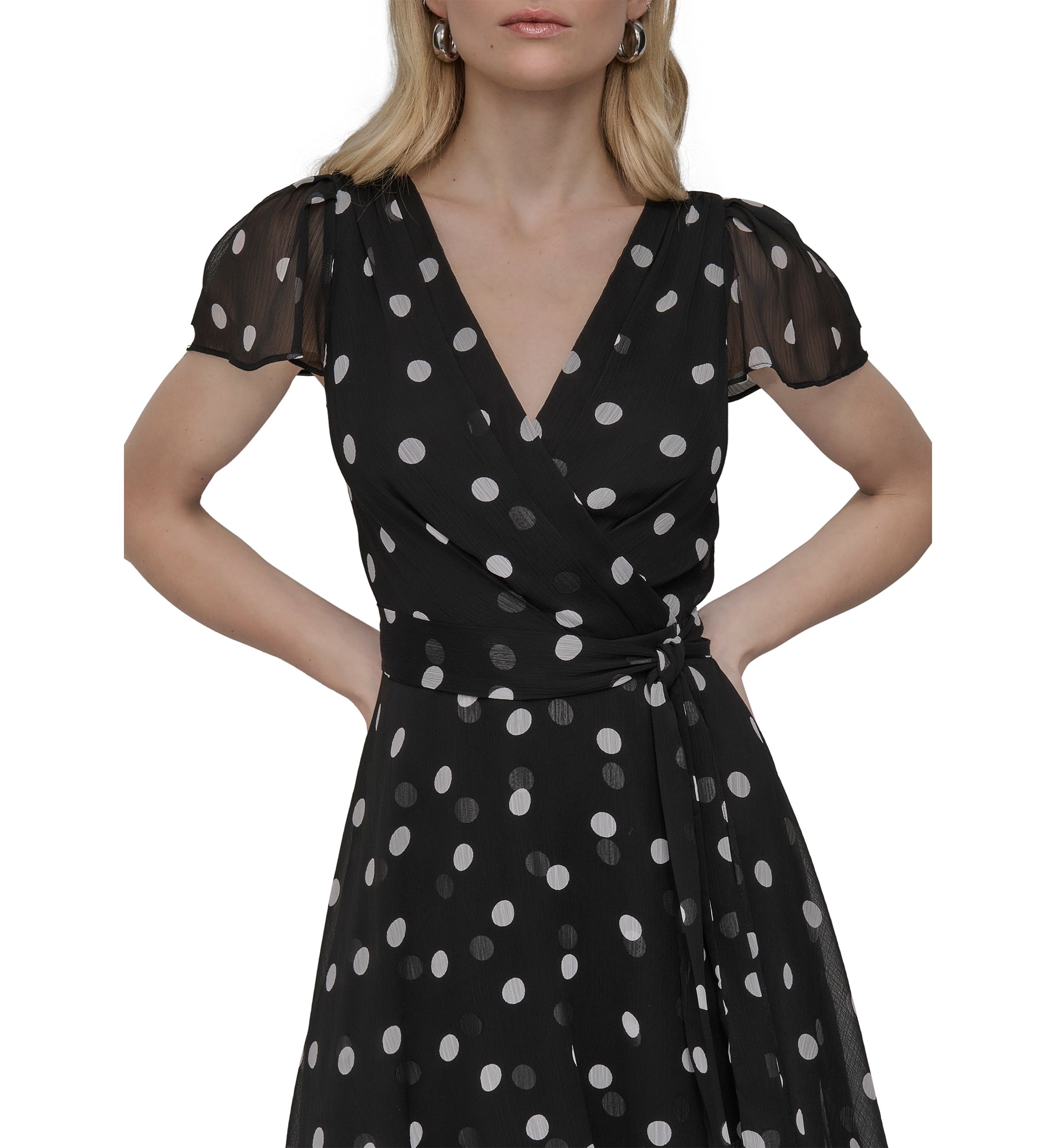 Womens Dot Printed V-Neck Fit and Flare Dress