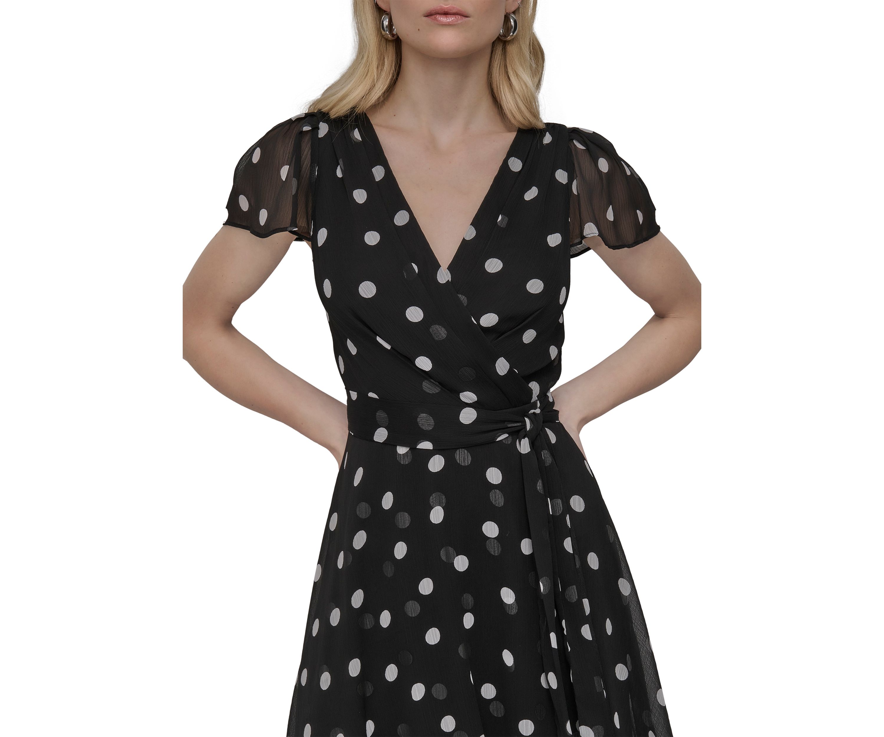Womens Dot Printed V-Neck Fit and Flare Dress