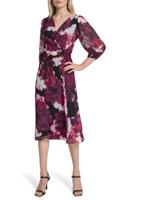 DKNY Women's V-Neck Floral Print Chiffon A-Line Dress, 6