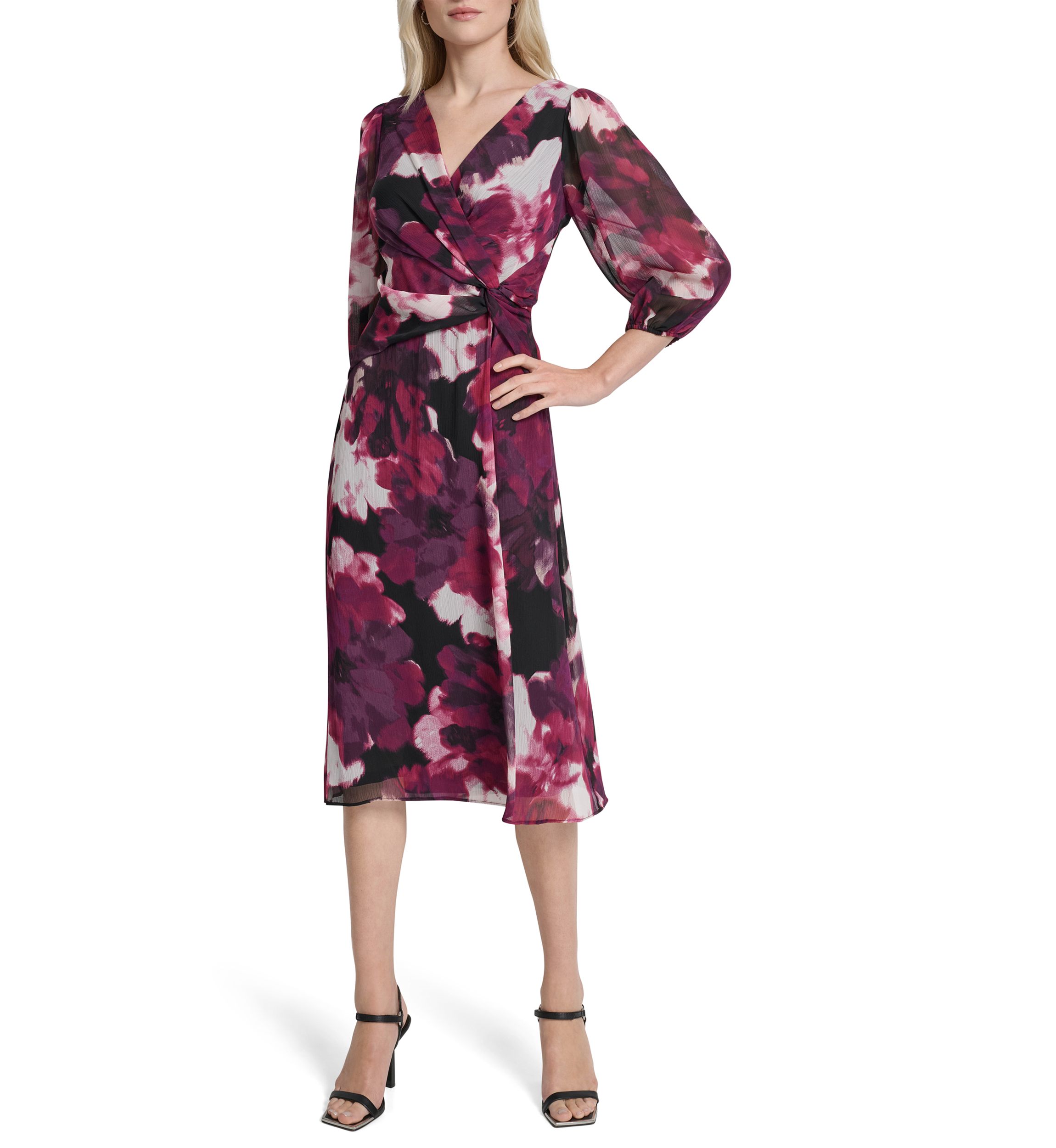 Womens V-Neck Floral Print Chiffon A-Line Dress