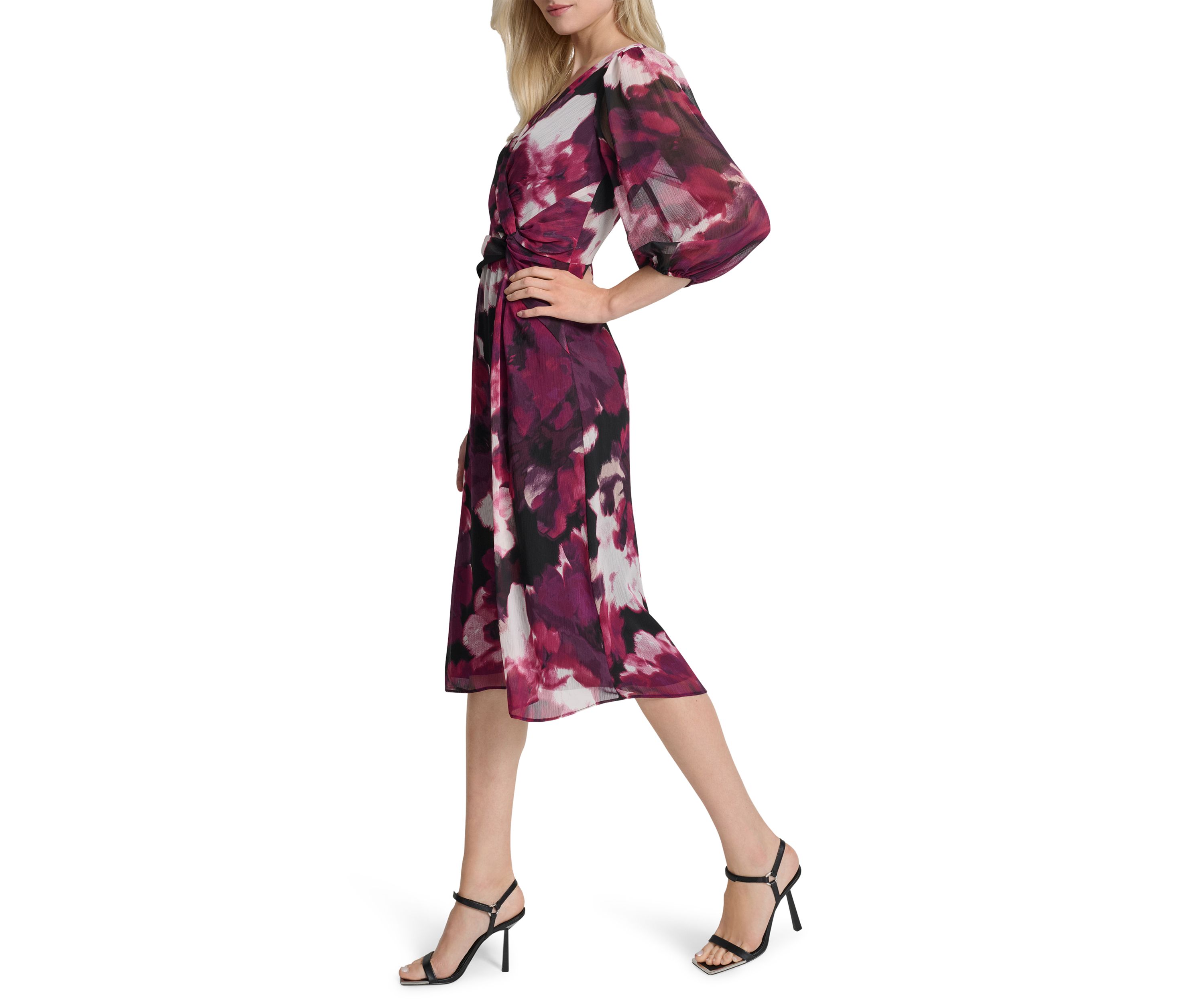 Womens V-Neck Floral Print Chiffon A-Line Dress