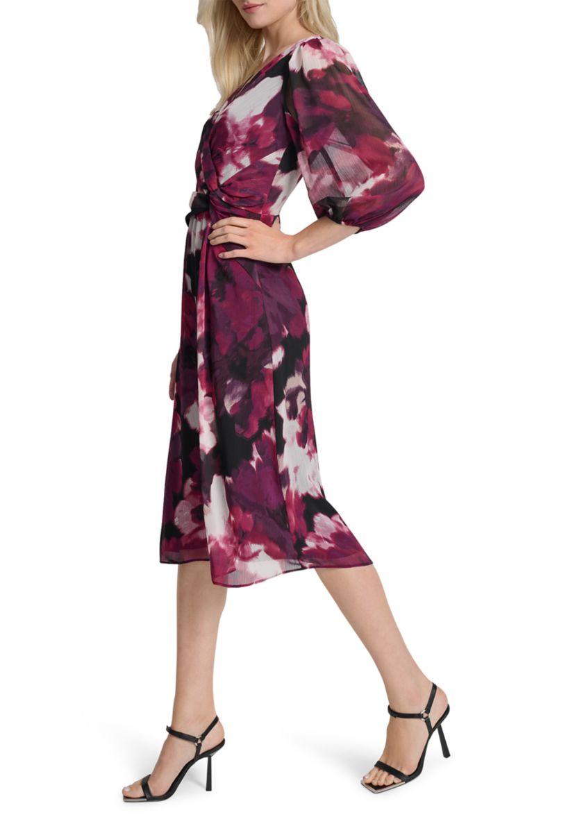 Womens V-Neck Floral Print Chiffon A-Line Dress