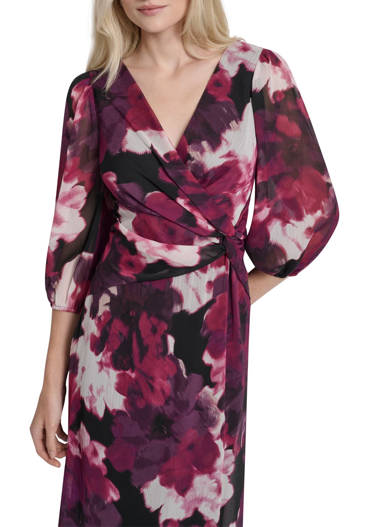 Womens V-Neck Floral Print Chiffon A-Line Dress