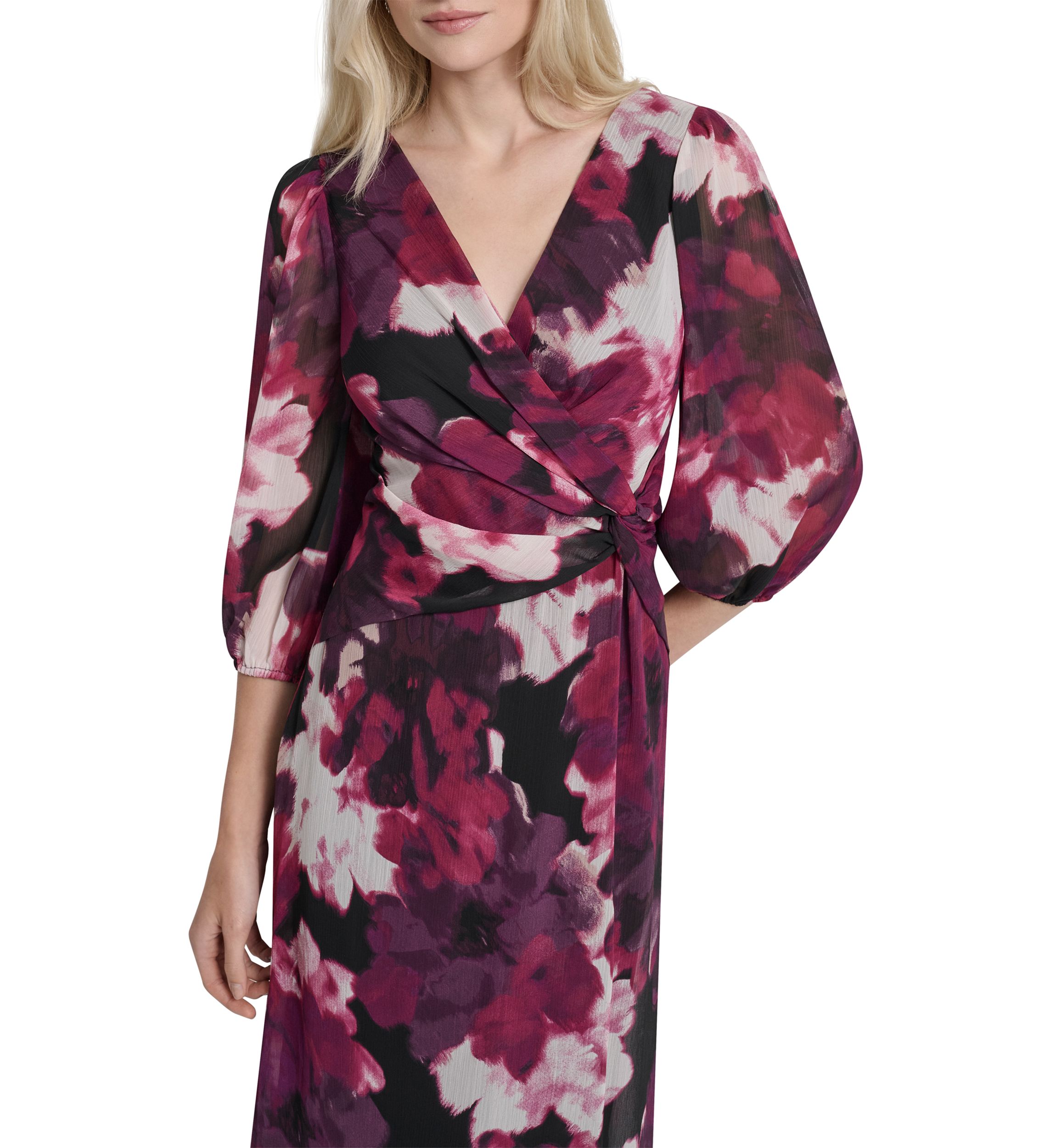 Womens V-Neck Floral Print Chiffon A-Line Dress
