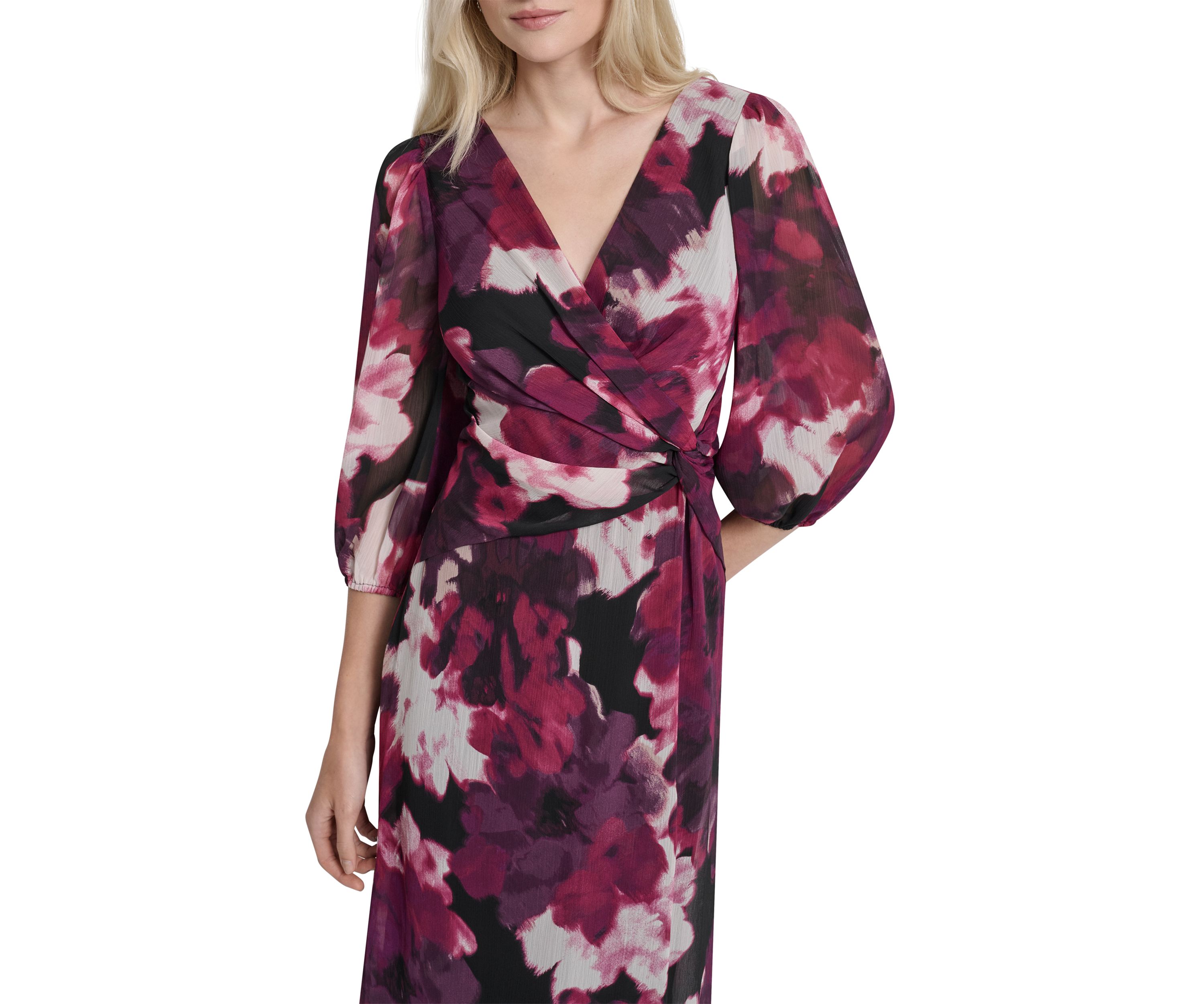 Womens V-Neck Floral Print Chiffon A-Line Dress