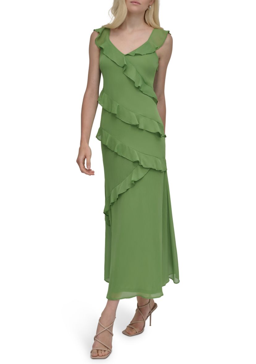 Womens Sleeveless Scoop Ruffle A-Line Maxi Dress