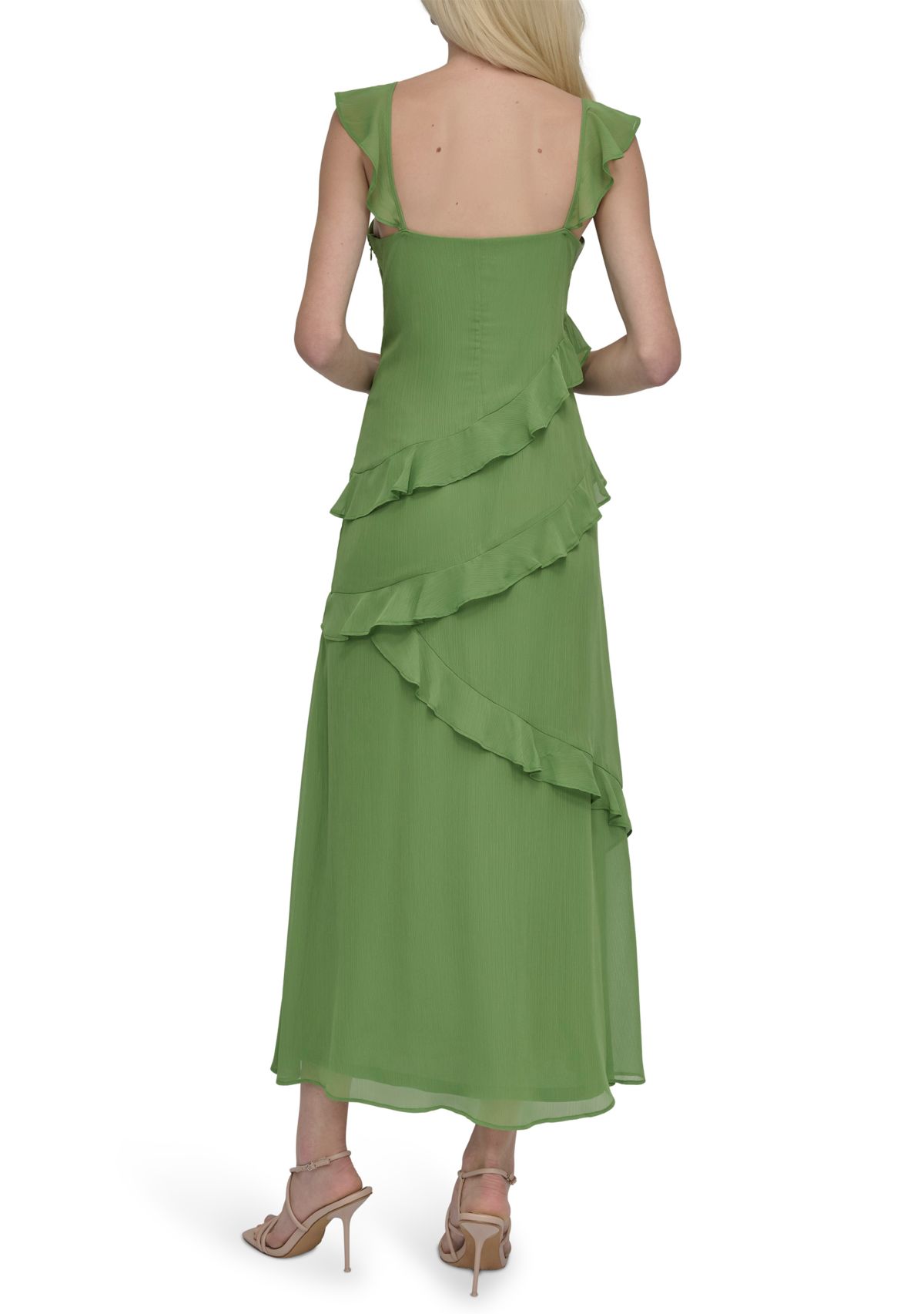Womens Sleeveless Scoop Ruffle A-Line Maxi Dress