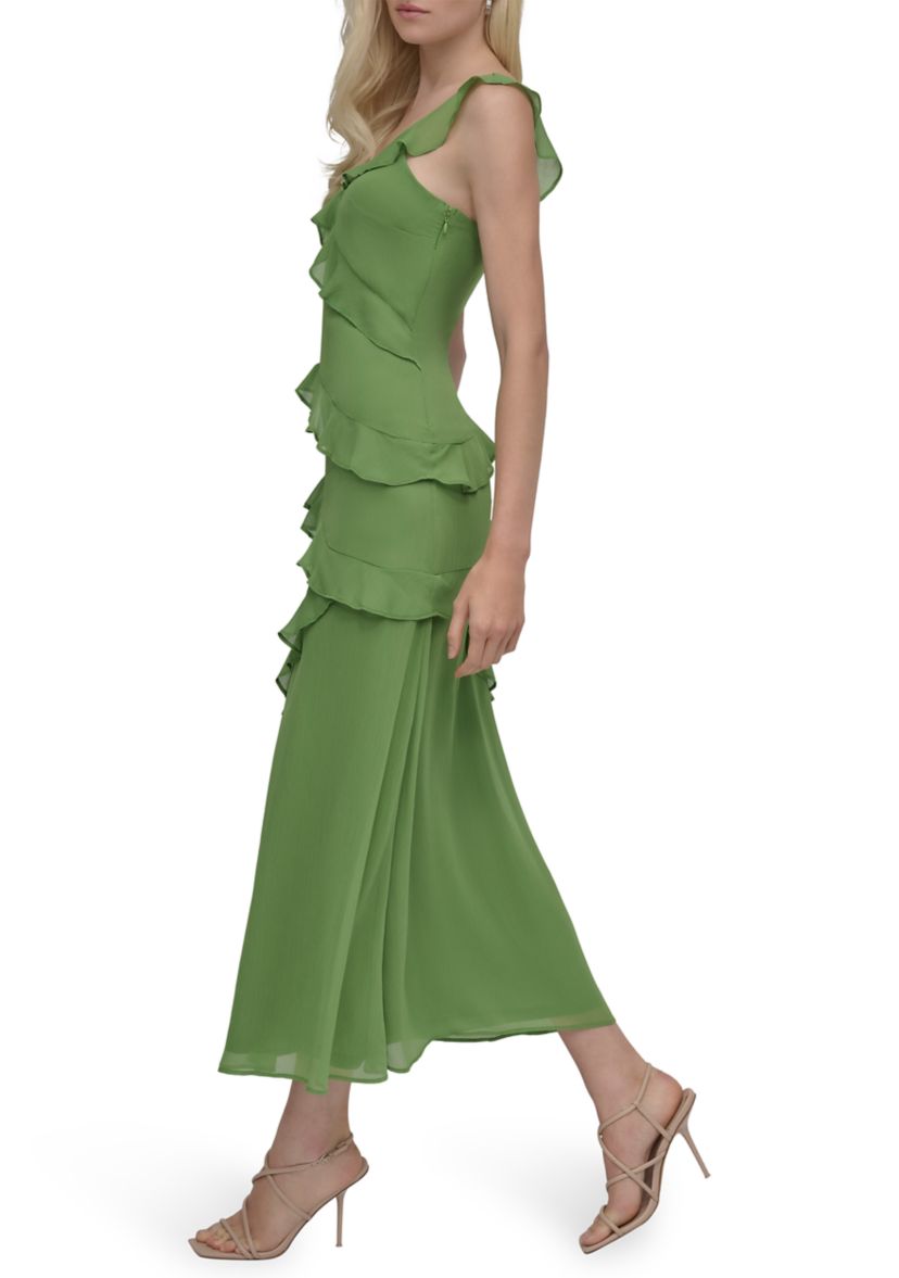 Womens Sleeveless Scoop Ruffle A-Line Maxi Dress