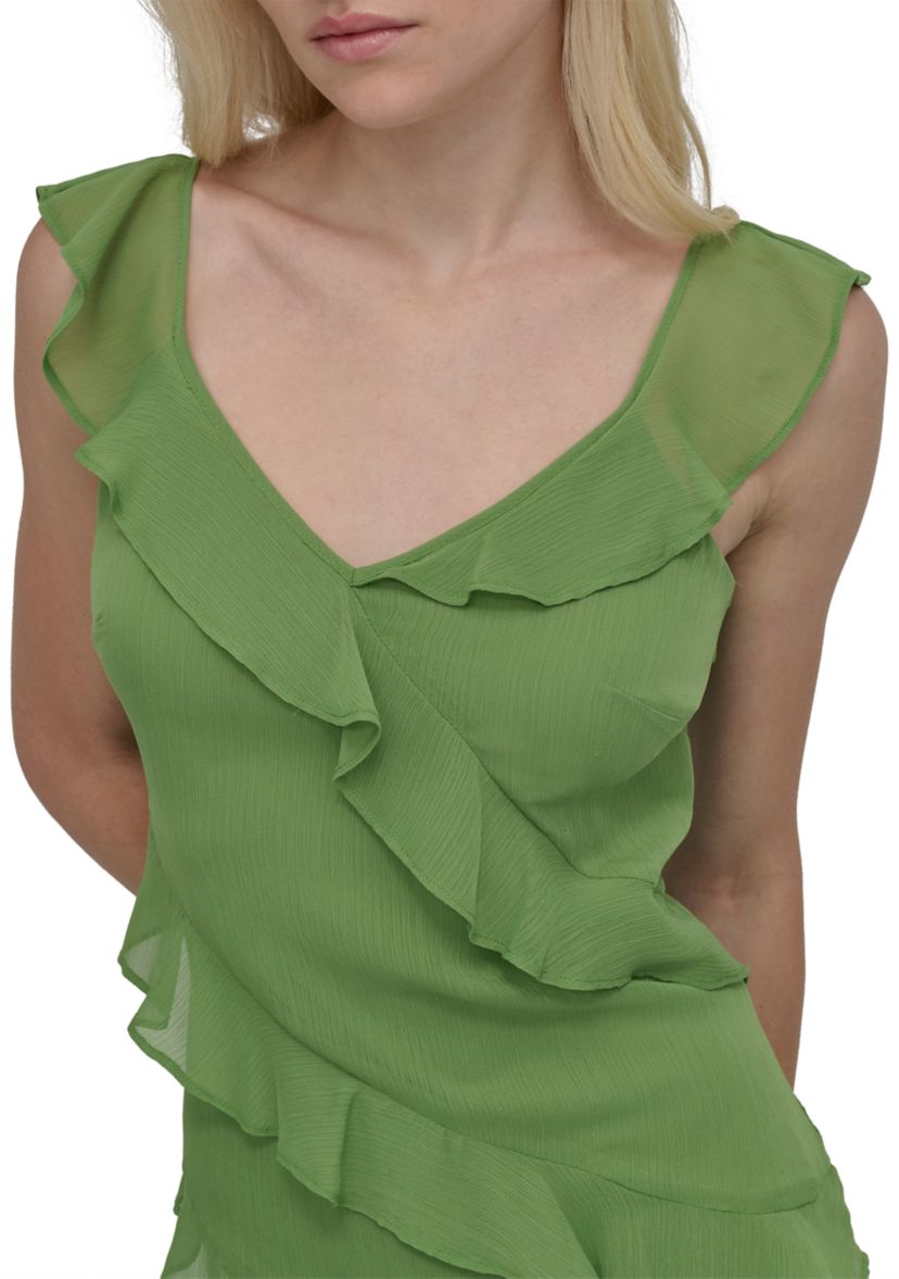 Womens Sleeveless Scoop Ruffle A-Line Maxi Dress