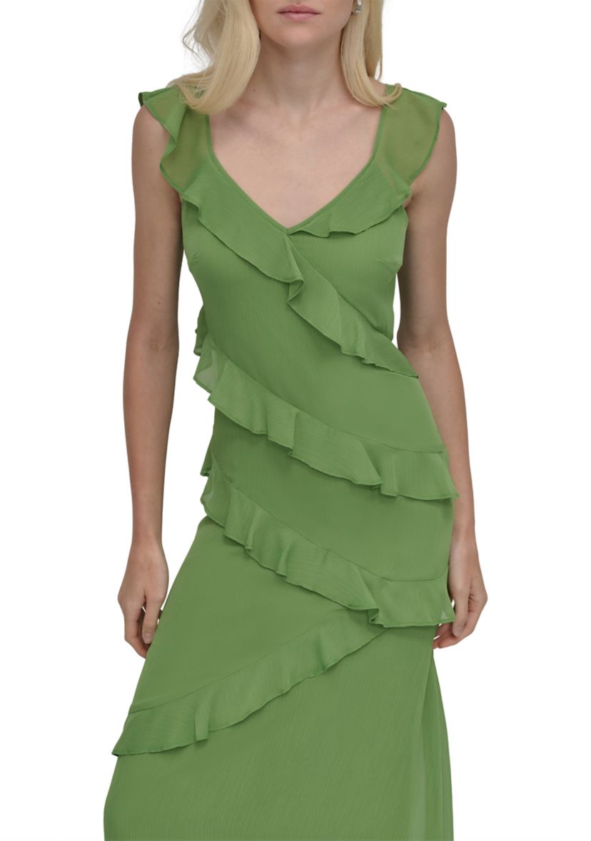 Womens Sleeveless Scoop Ruffle A-Line Maxi Dress