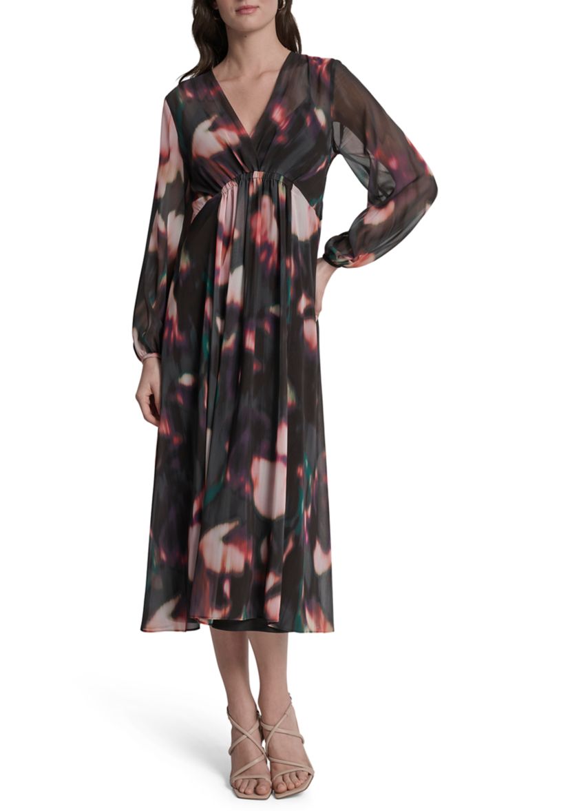 Womens Floral Print Chiffon A-Line Dress