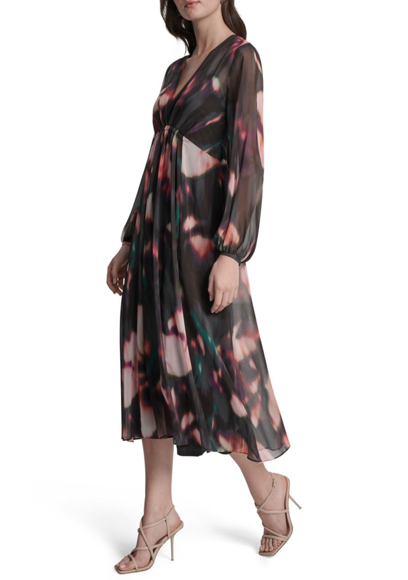 Womens Floral Print Chiffon A-Line Dress