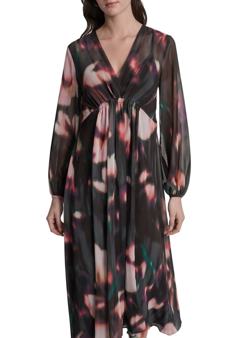 Womens Floral Print Chiffon A-Line Dress