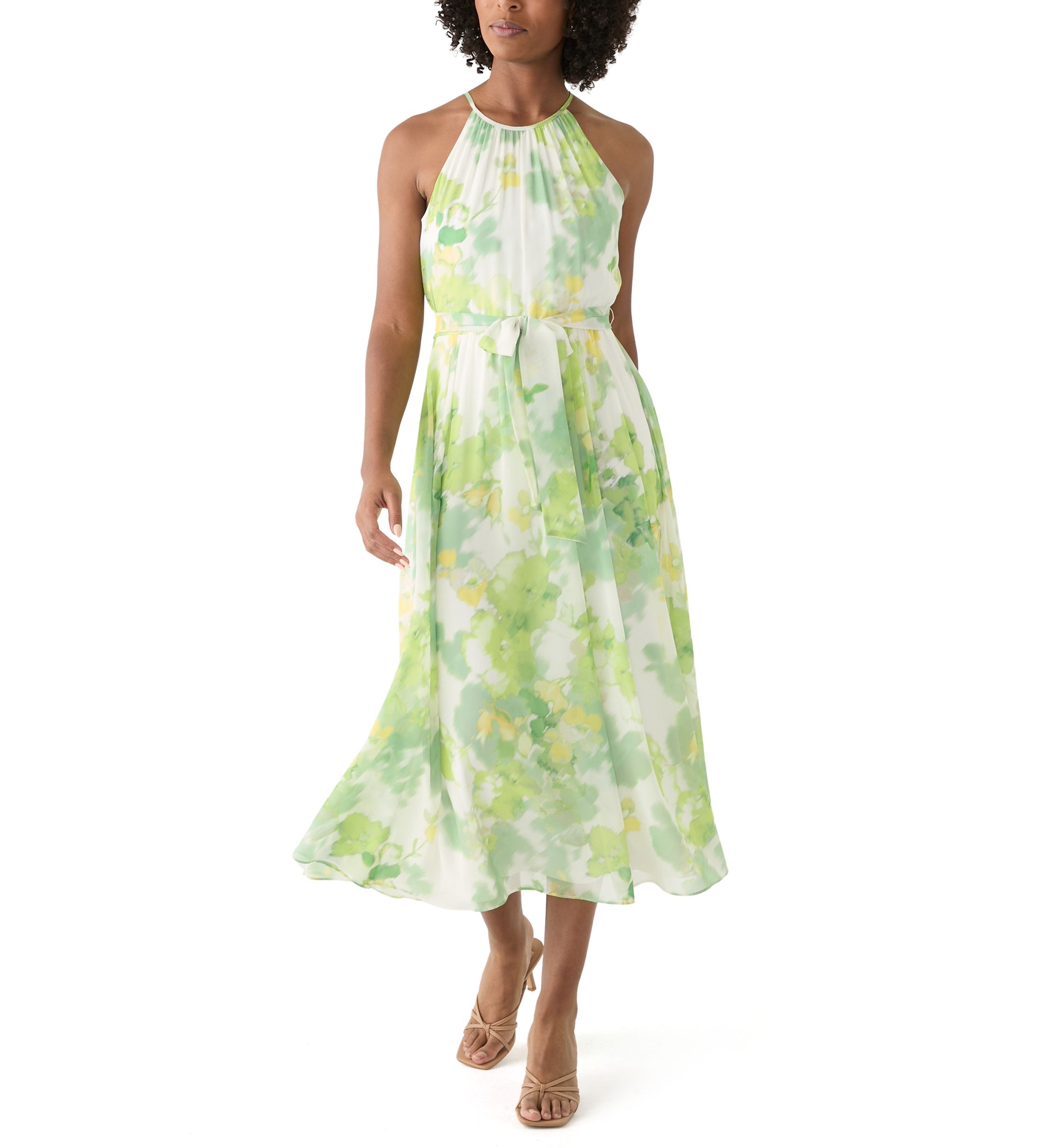 Womens Sleeveless Halter Floral Print Midi Fit and Flare Dress