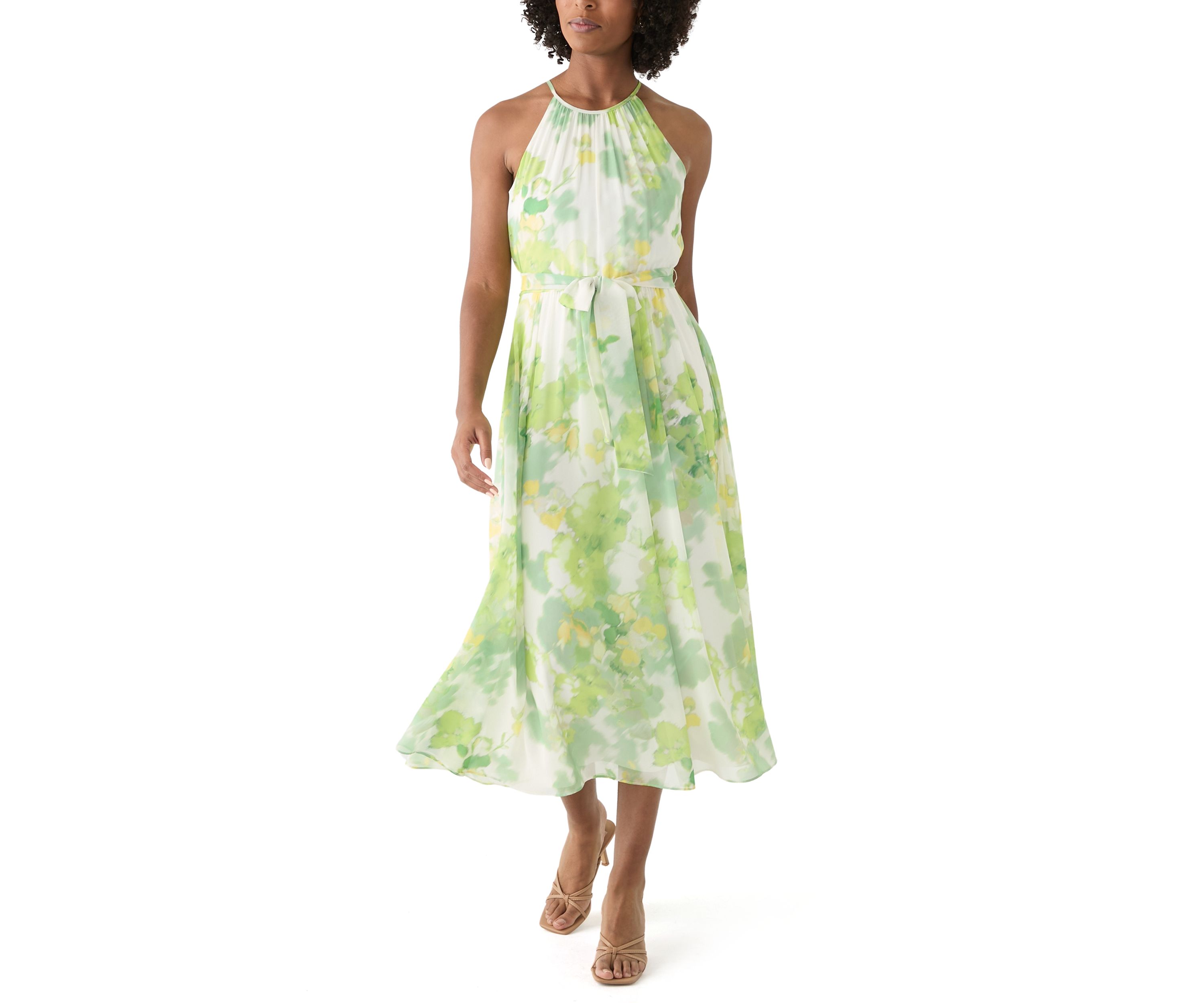 Womens Sleeveless Halter Floral Print Midi Fit and Flare Dress