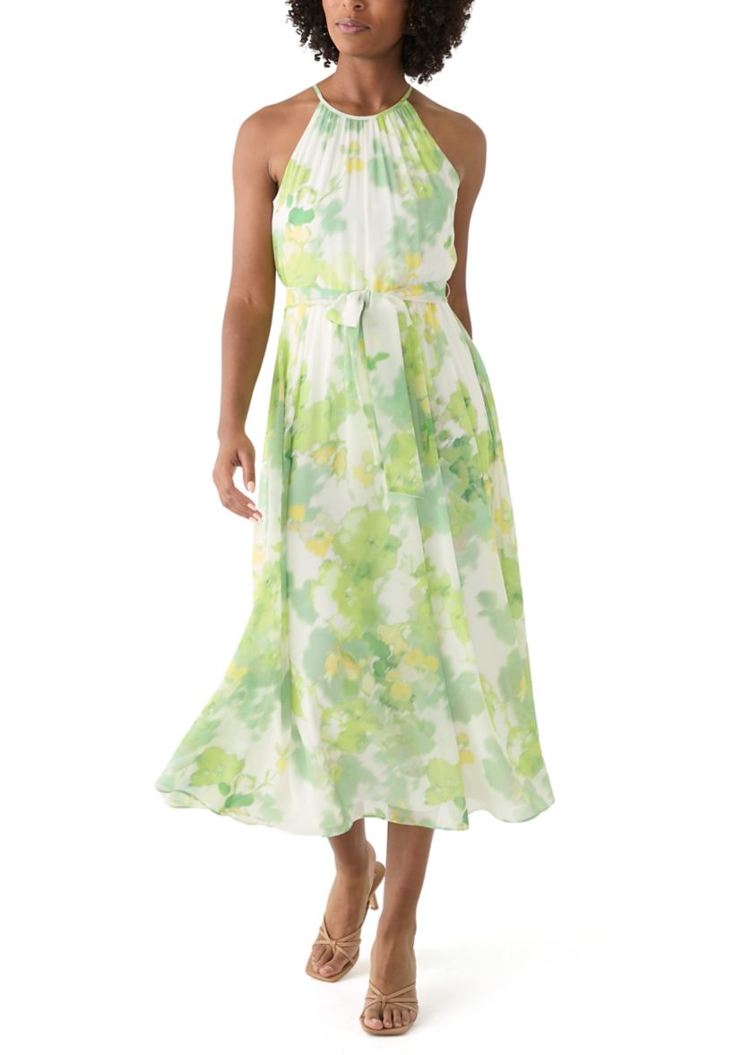 Womens Sleeveless Halter Floral Print Midi Fit and Flare Dress