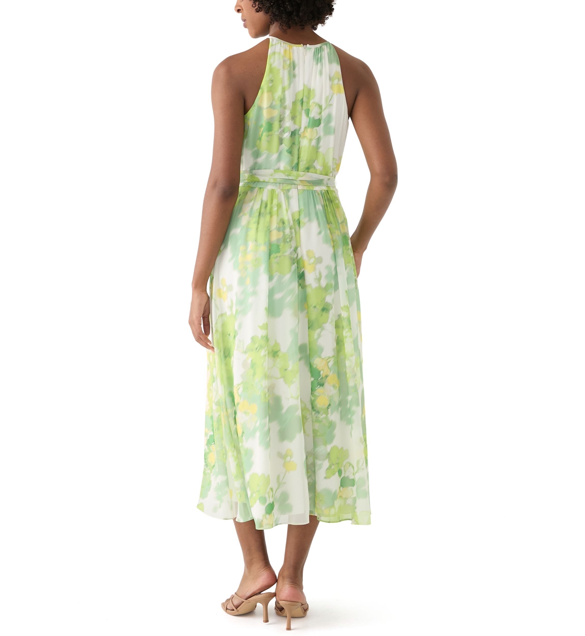 Womens Sleeveless Halter Floral Print Midi Fit and Flare Dress