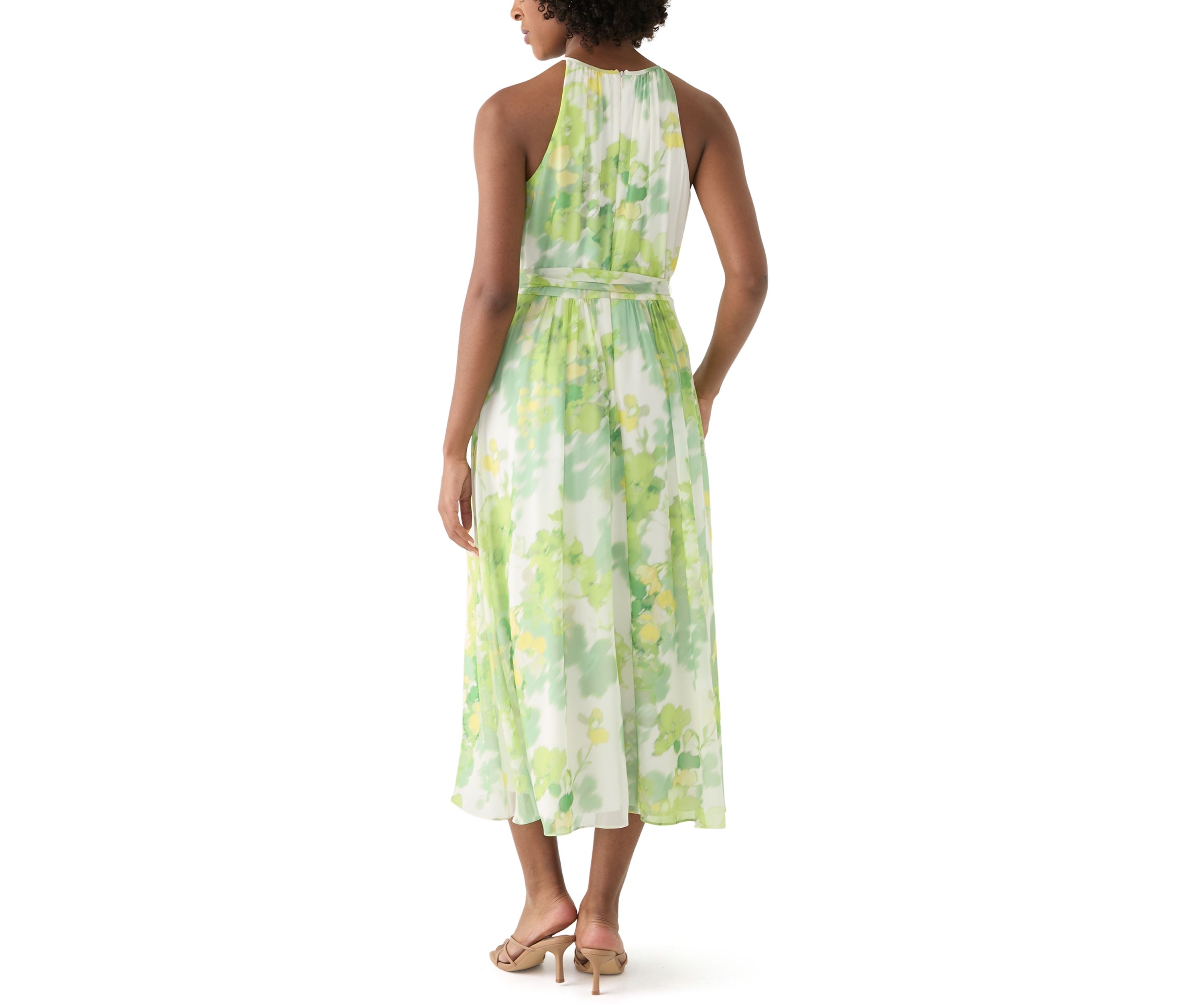 Womens Sleeveless Halter Floral Print Midi Fit and Flare Dress