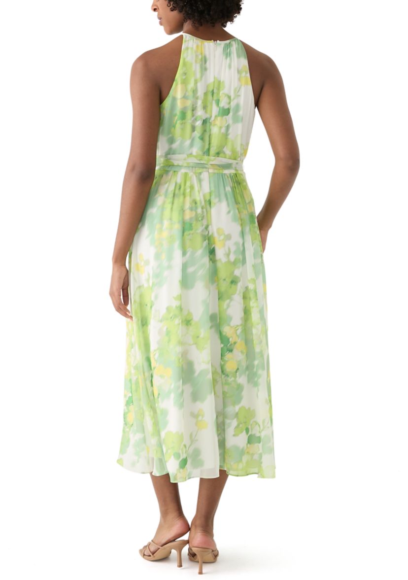 Womens Sleeveless Halter Floral Print Midi Fit and Flare Dress