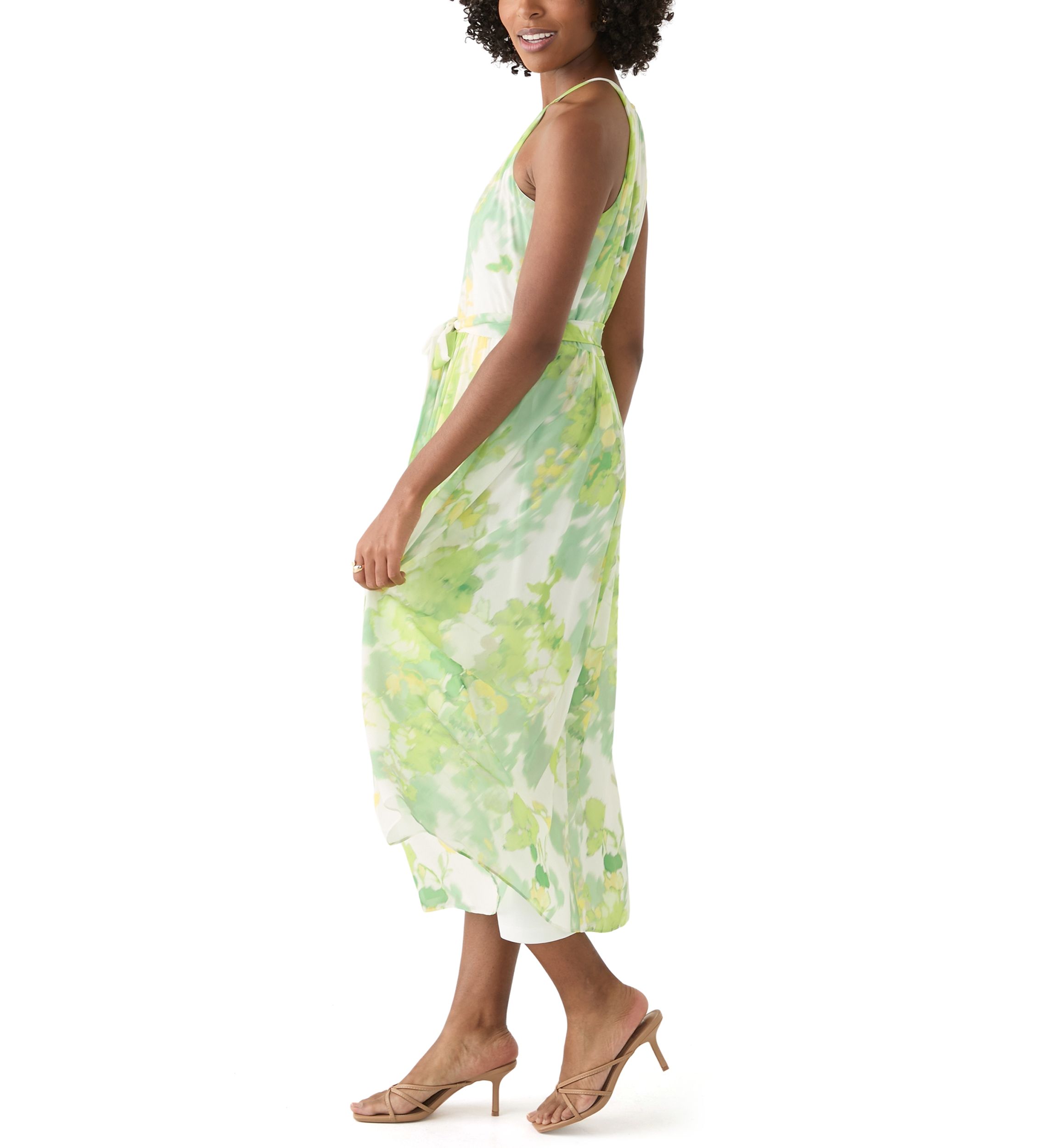 Womens Sleeveless Halter Floral Print Midi Fit and Flare Dress