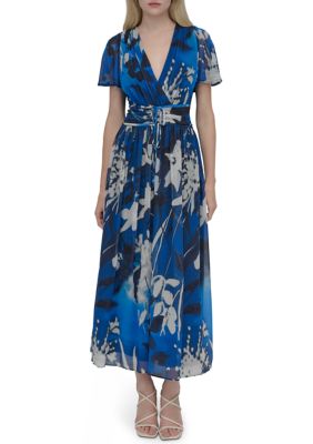 DKNY Women's Short Sleeve V-Neck Floral Print Chiffon Maxi Fit and Flare Dress, Blue, 4
