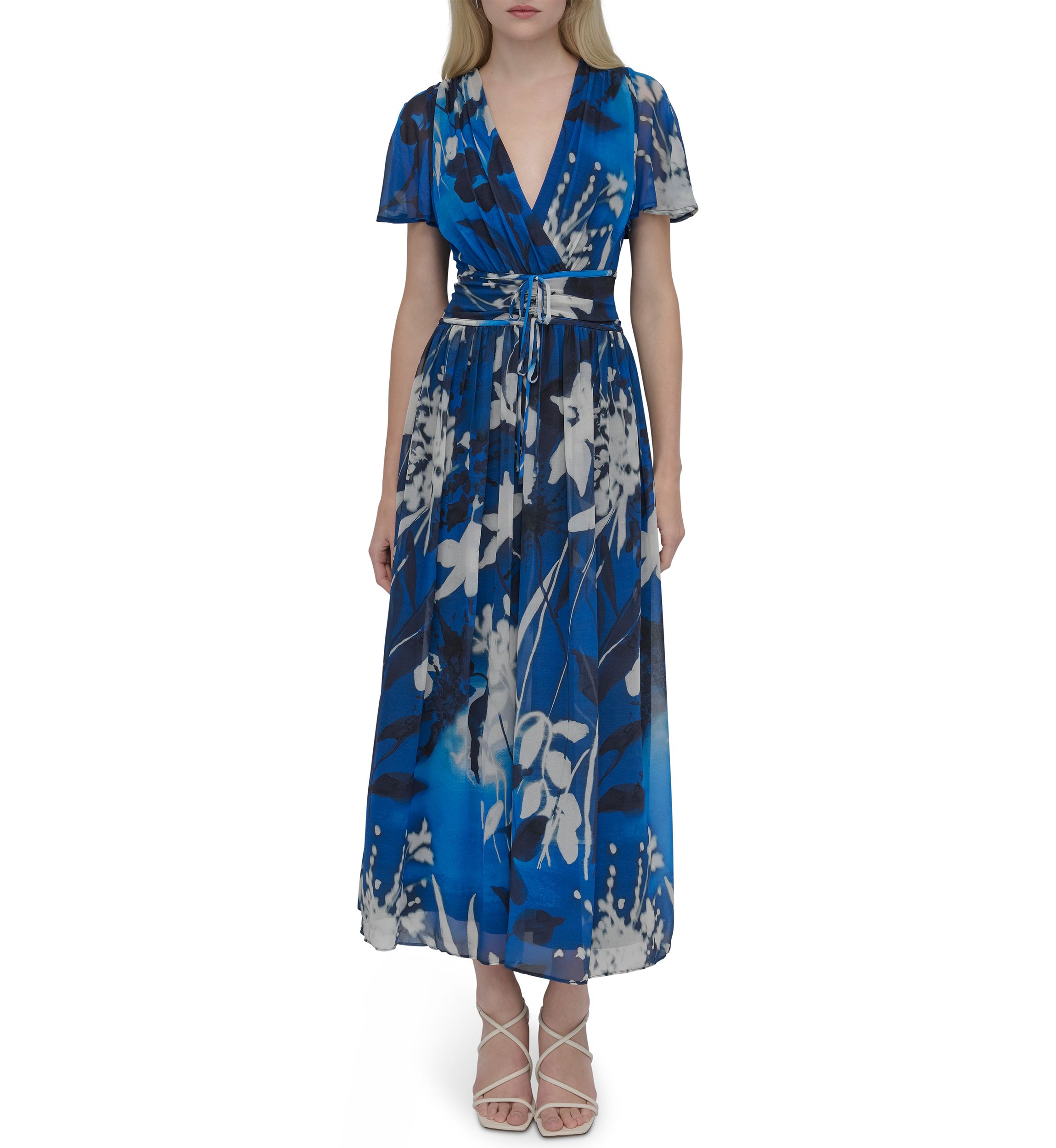 Womens Short Sleeve V-Neck Floral Print Chiffon Maxi Fit and Flare Dress