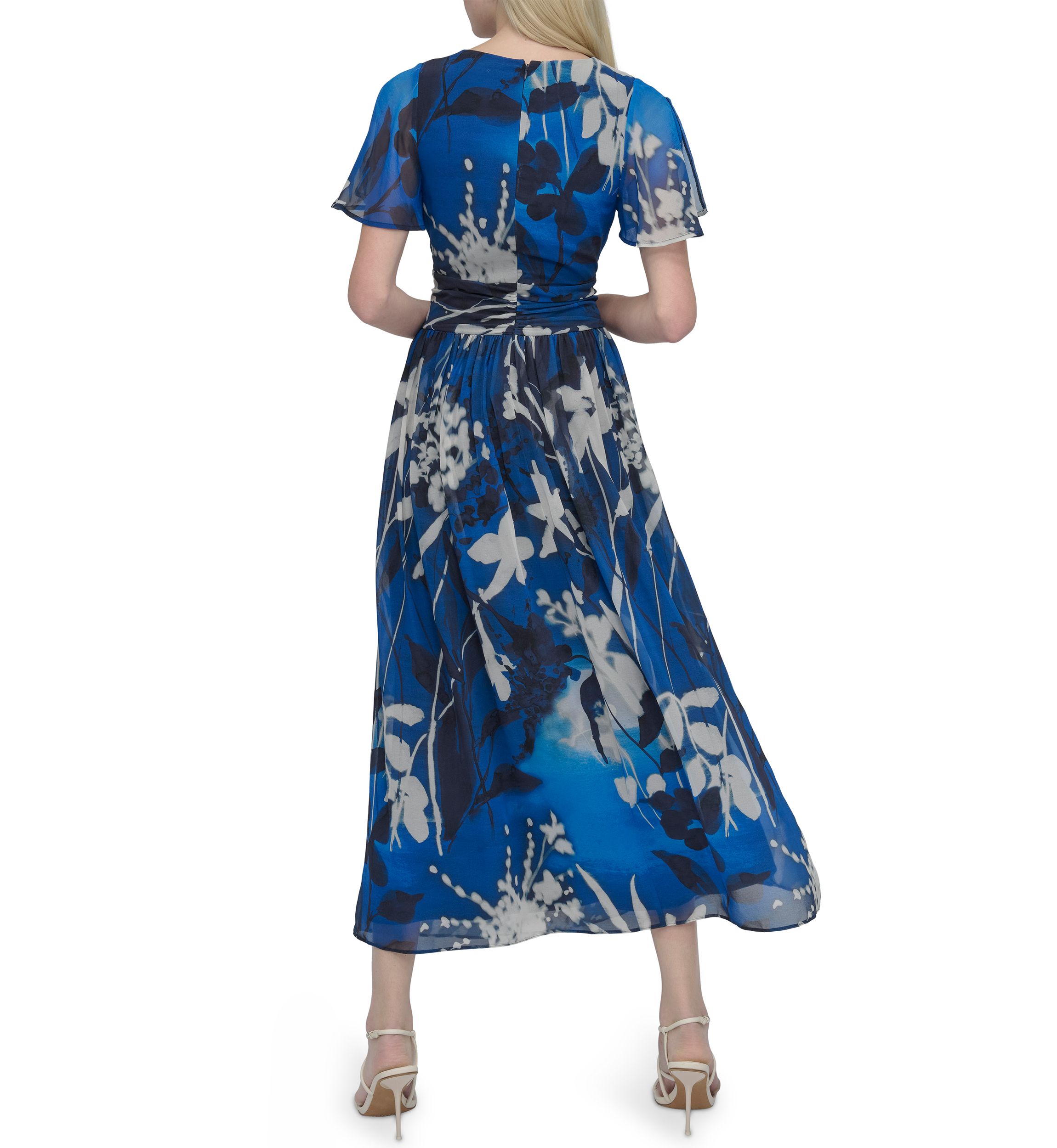 Womens Short Sleeve V-Neck Floral Print Chiffon Maxi Fit and Flare Dress