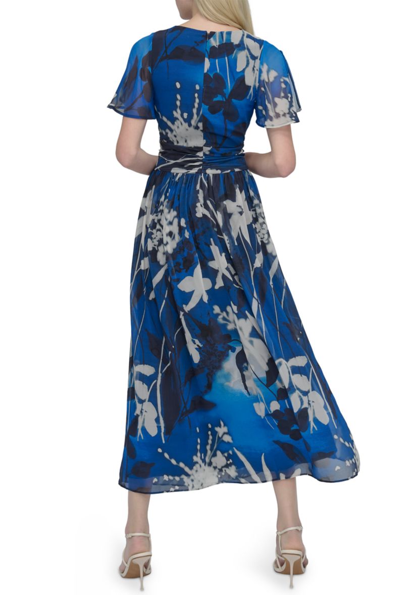 Womens Short Sleeve V-Neck Floral Print Chiffon Maxi Fit and Flare Dress